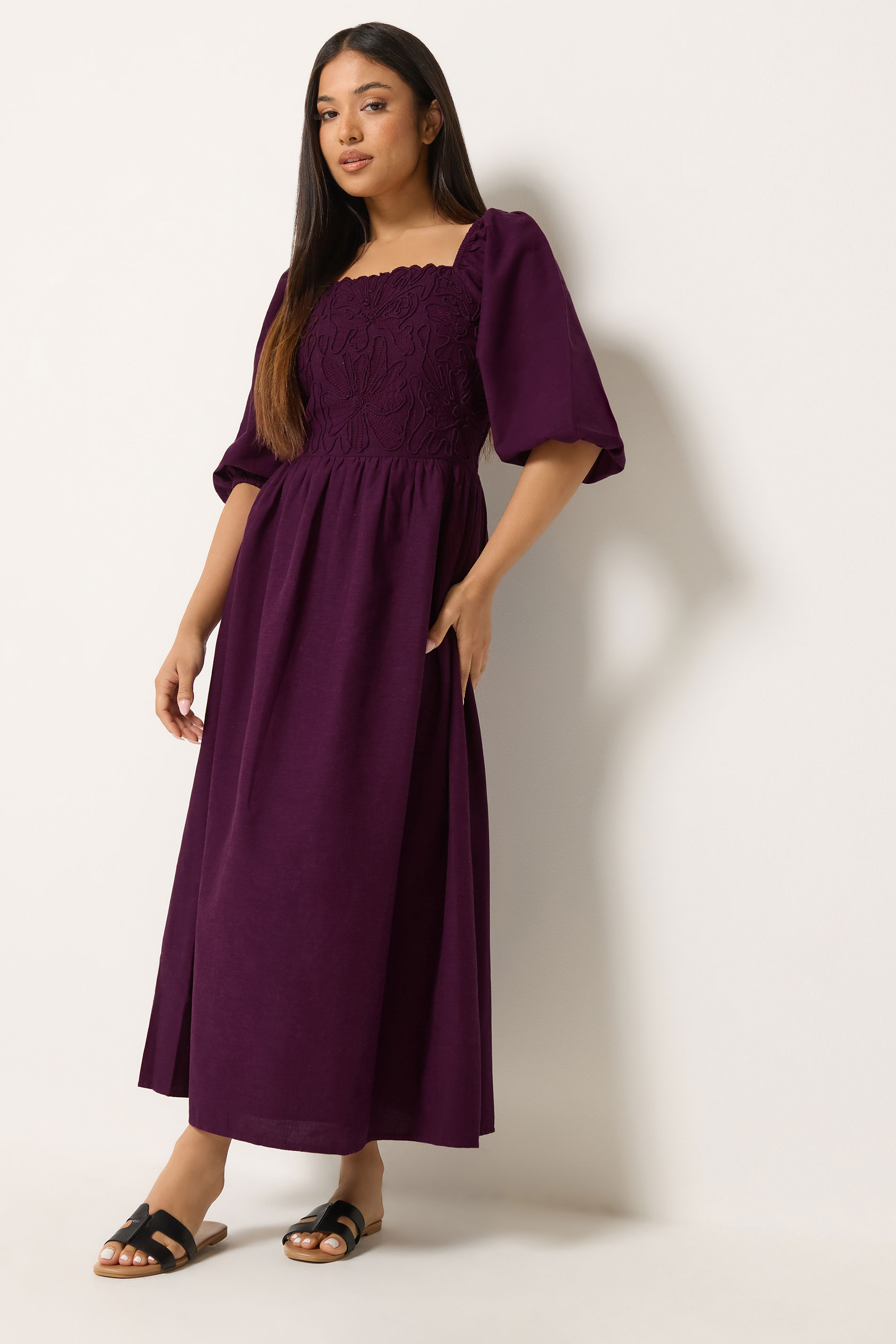 M&Co Petite Berry Purple Short Sleeve Embroidered Trim Maxi Dress | M&Co 3