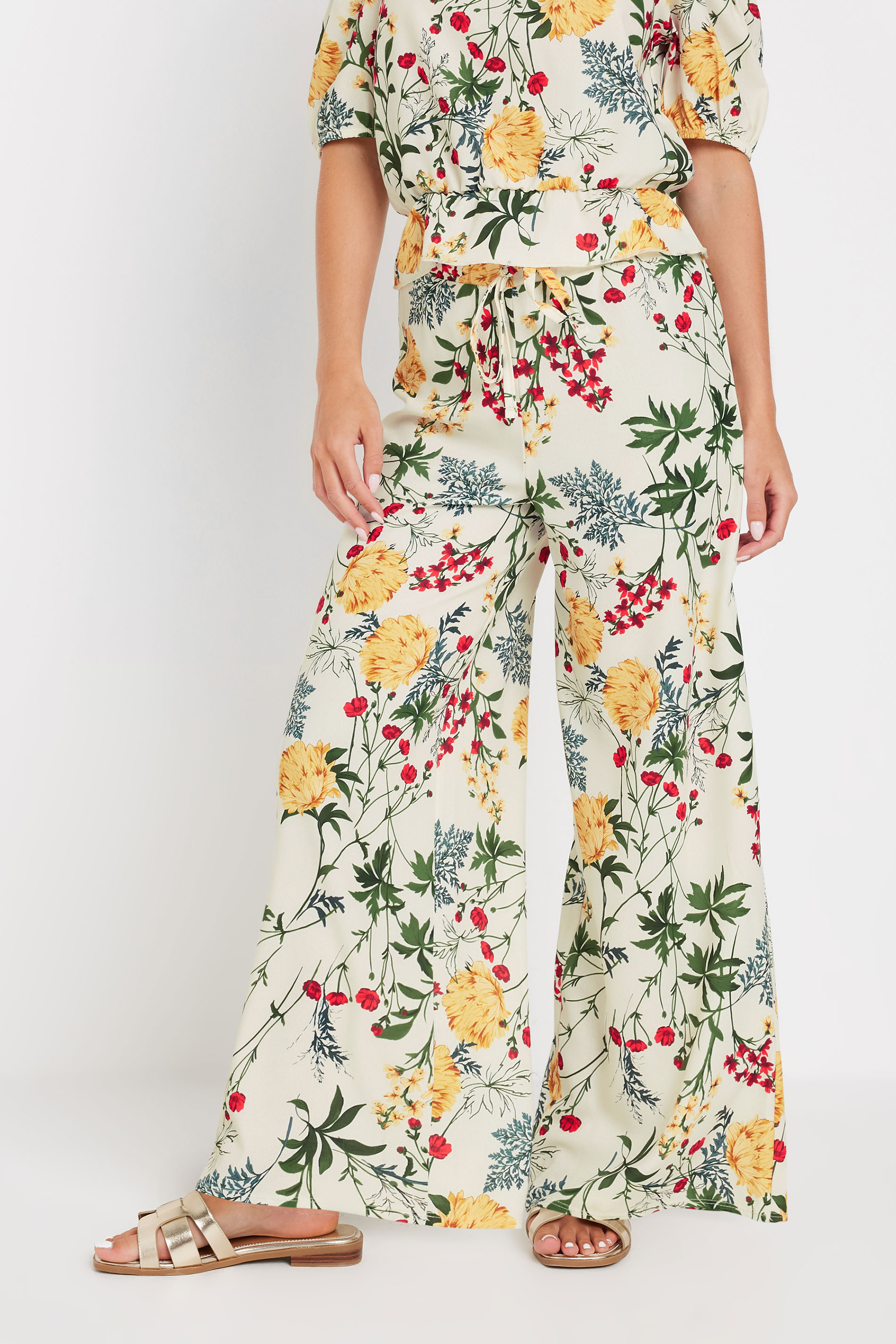 PixieGirl White Floral Print Wide Leg Trousers | PixieGirl 2