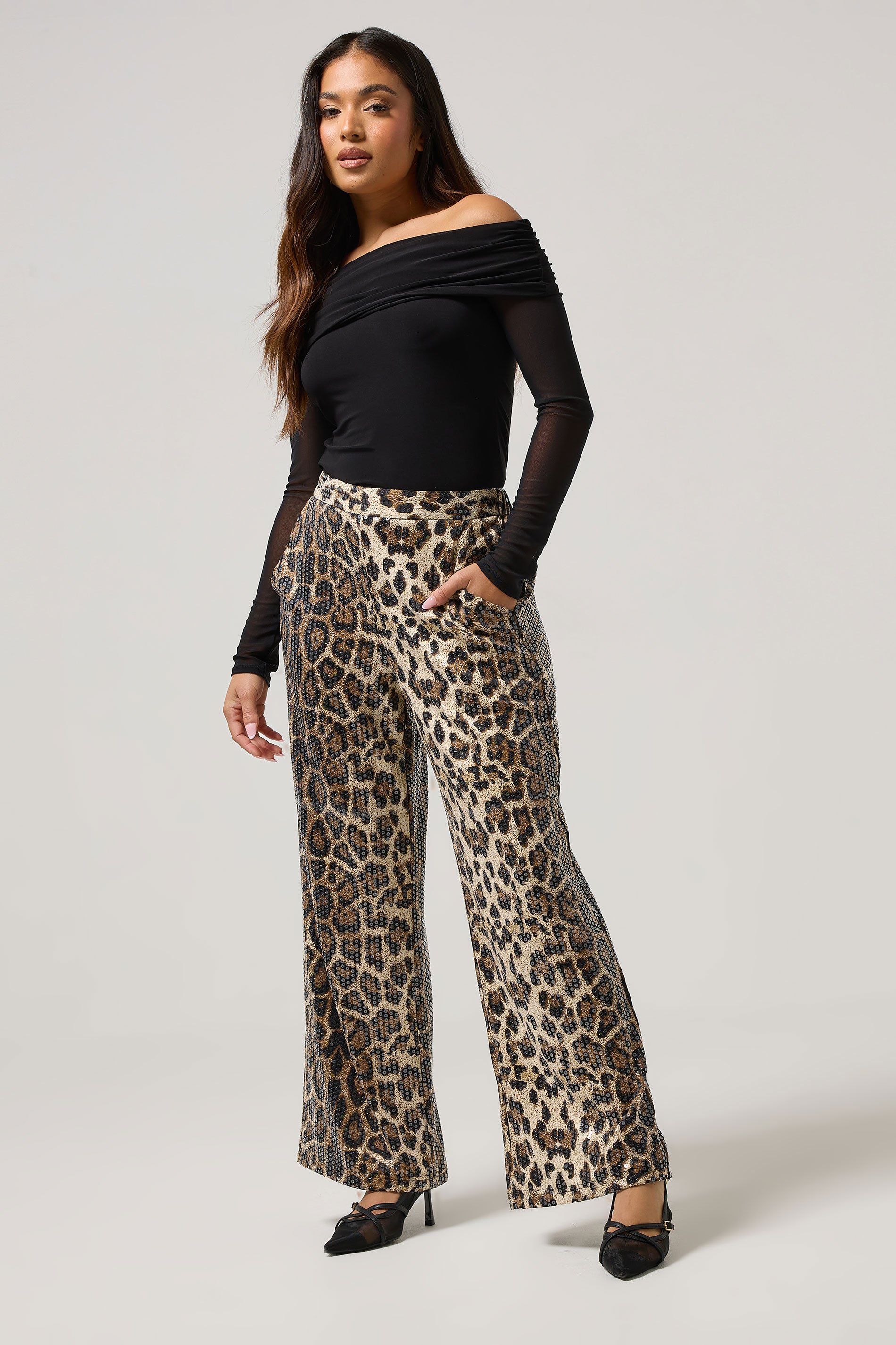 PixieGirl Petite Women's Brown Animal Sequin Wide Leg Trousers | PixieGirl 2
