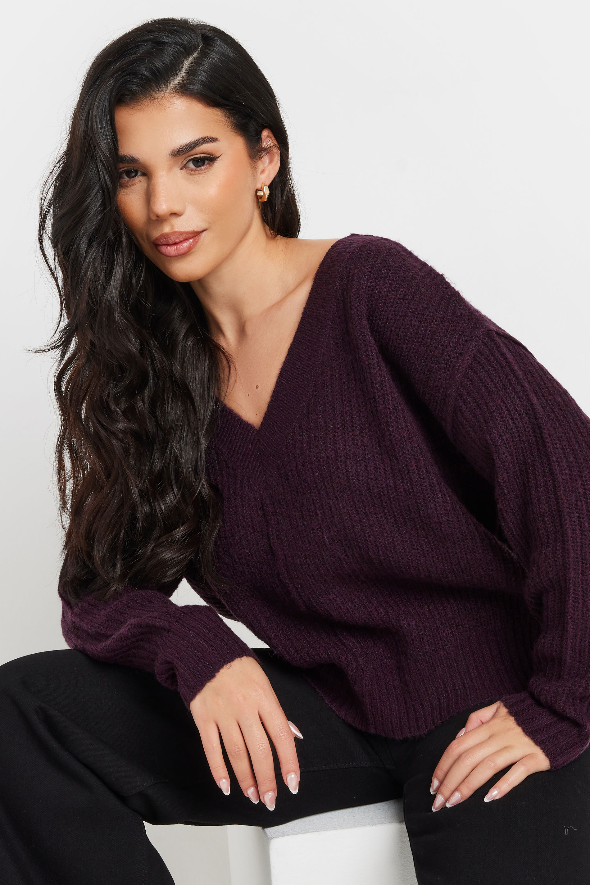 PixieGirl Petite Women's Purple Knitted V-Neck Jumper | PixieGirl 5