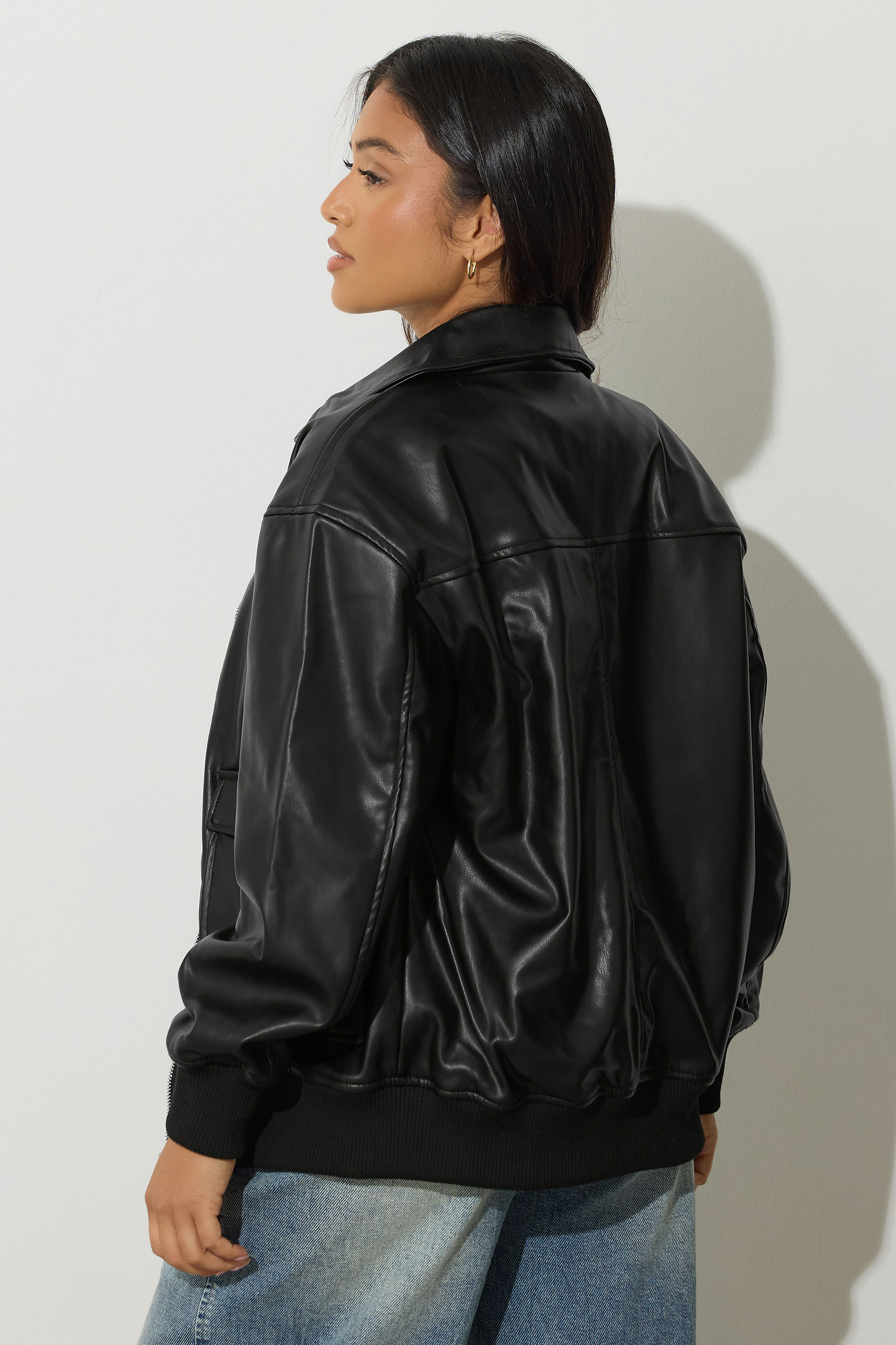 PixieGirl Petite Women's Black Faux Leather Pocket Trucker Jacket | PixieGirl 5