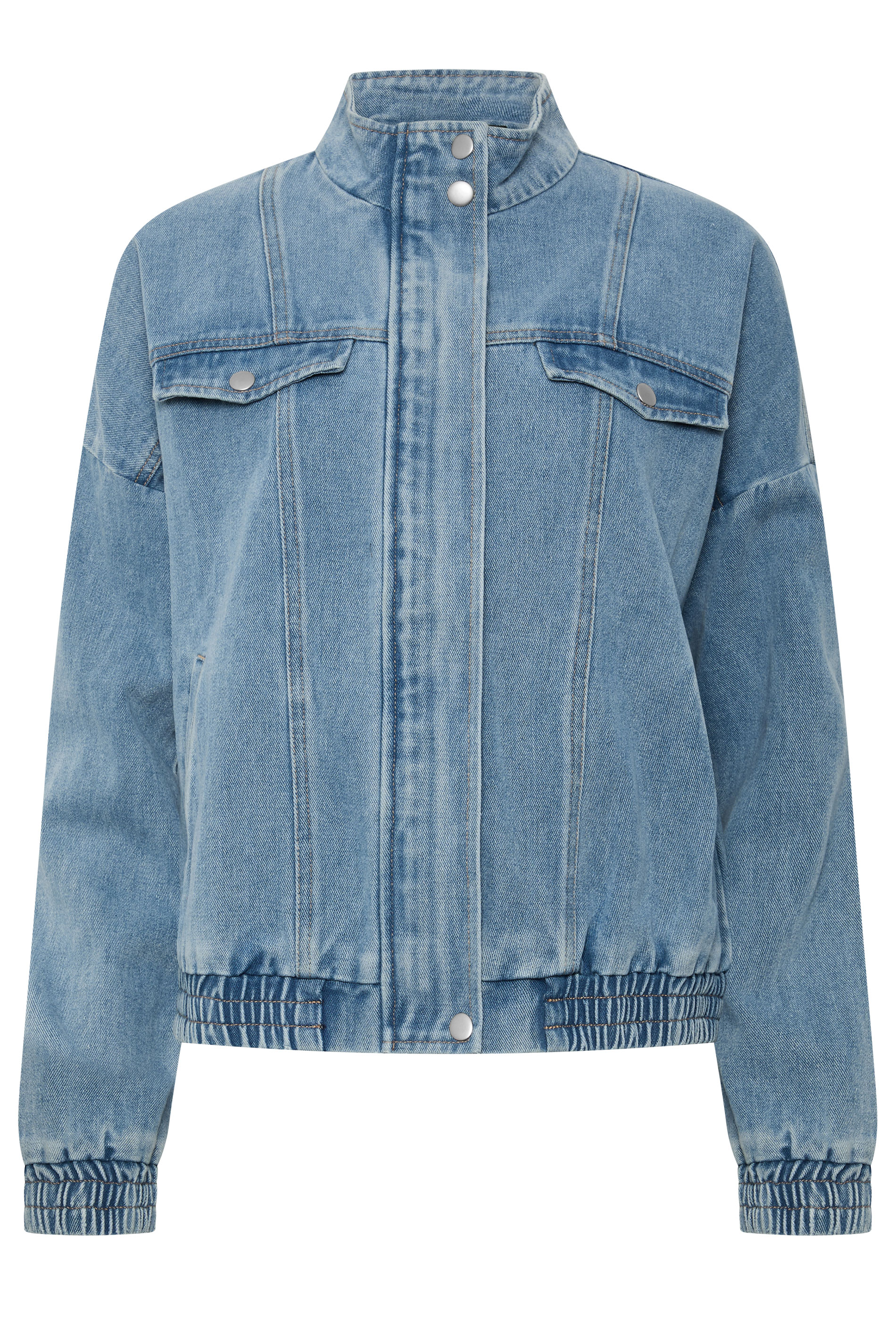 PixieGirl Petite Women's Mid Blue Funnel Neck Denim Trucker Jacket | PixieGirl 5