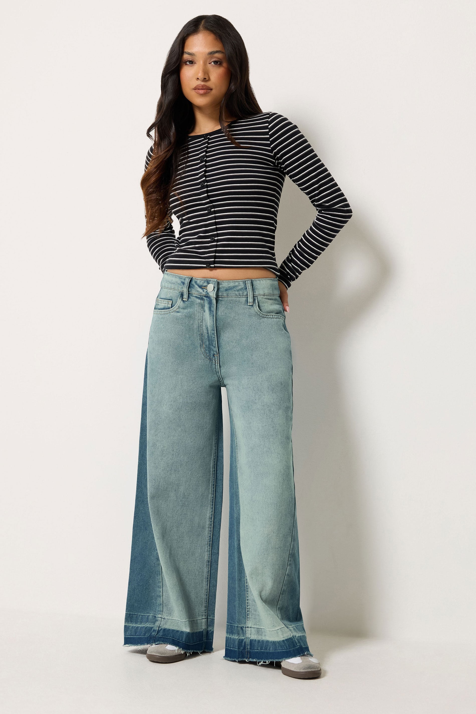 PixieGirl Petite Women's Mid Blue Frayed Wide Leg Jeans | PixieGirl  3