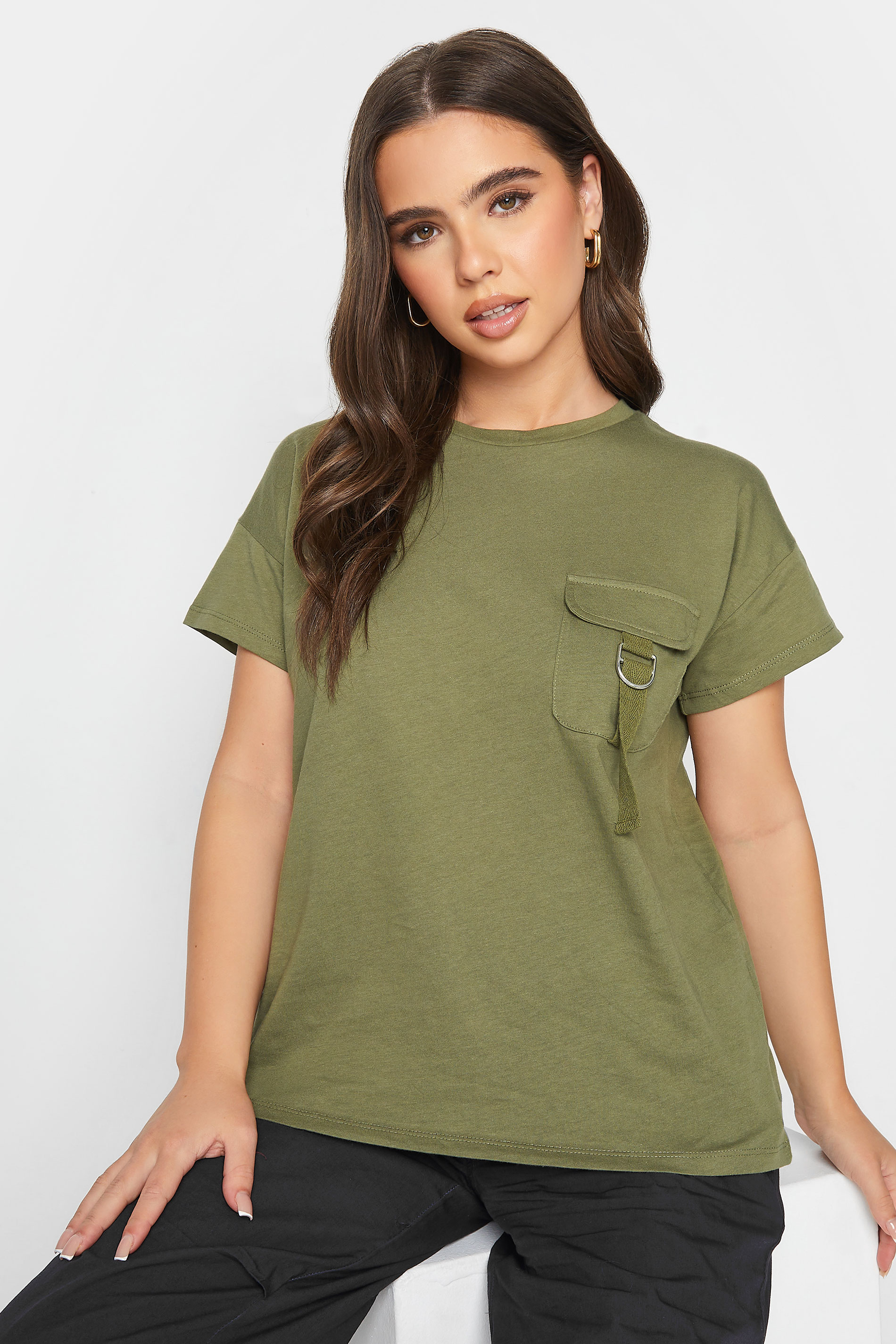 Petite Khaki Green Utility Pocket T-Shirt | PixieGirl  1