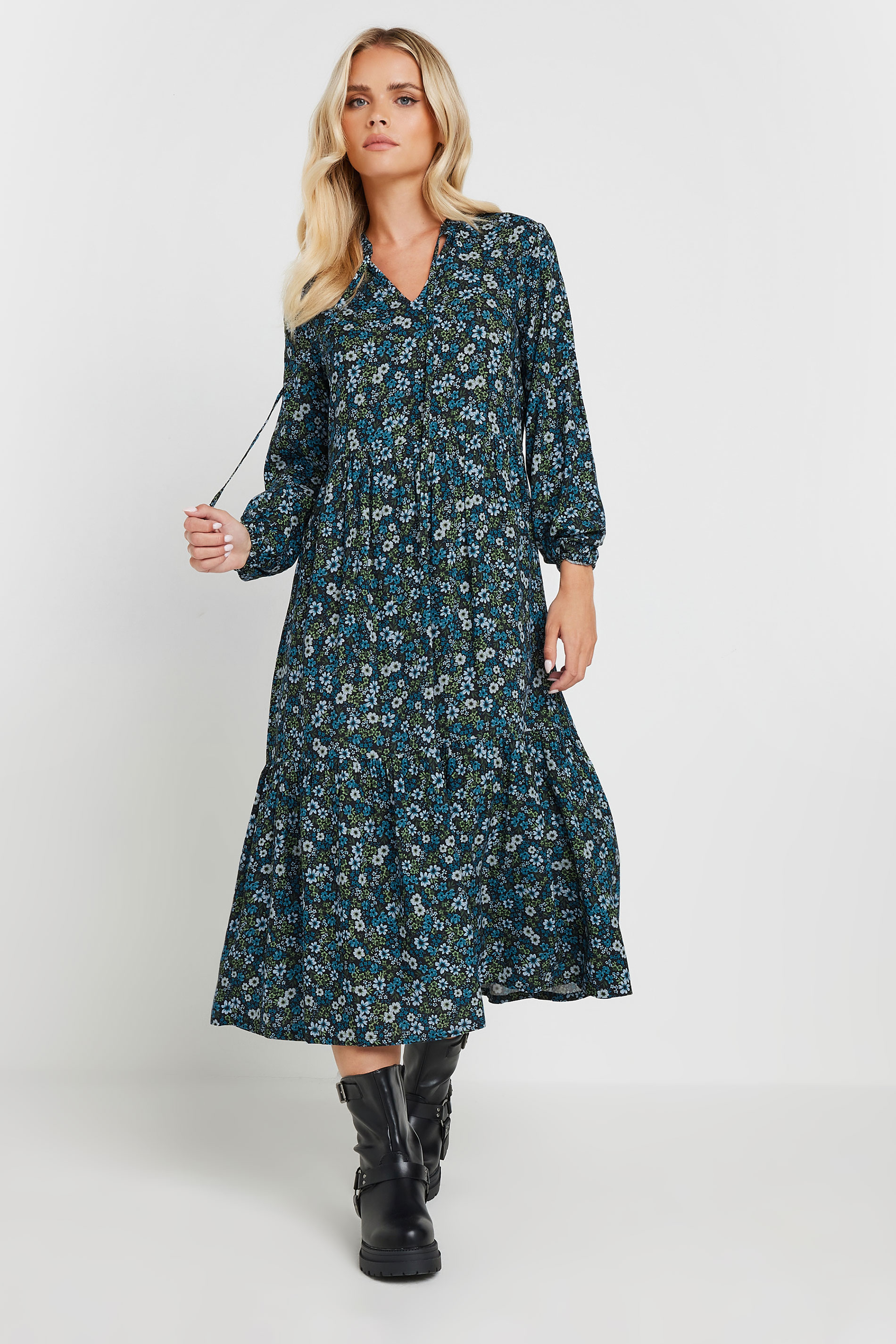 PixieGirl Petite Women's Blue Ditsy Floral Tie Neck Dress | PixieGirl 2