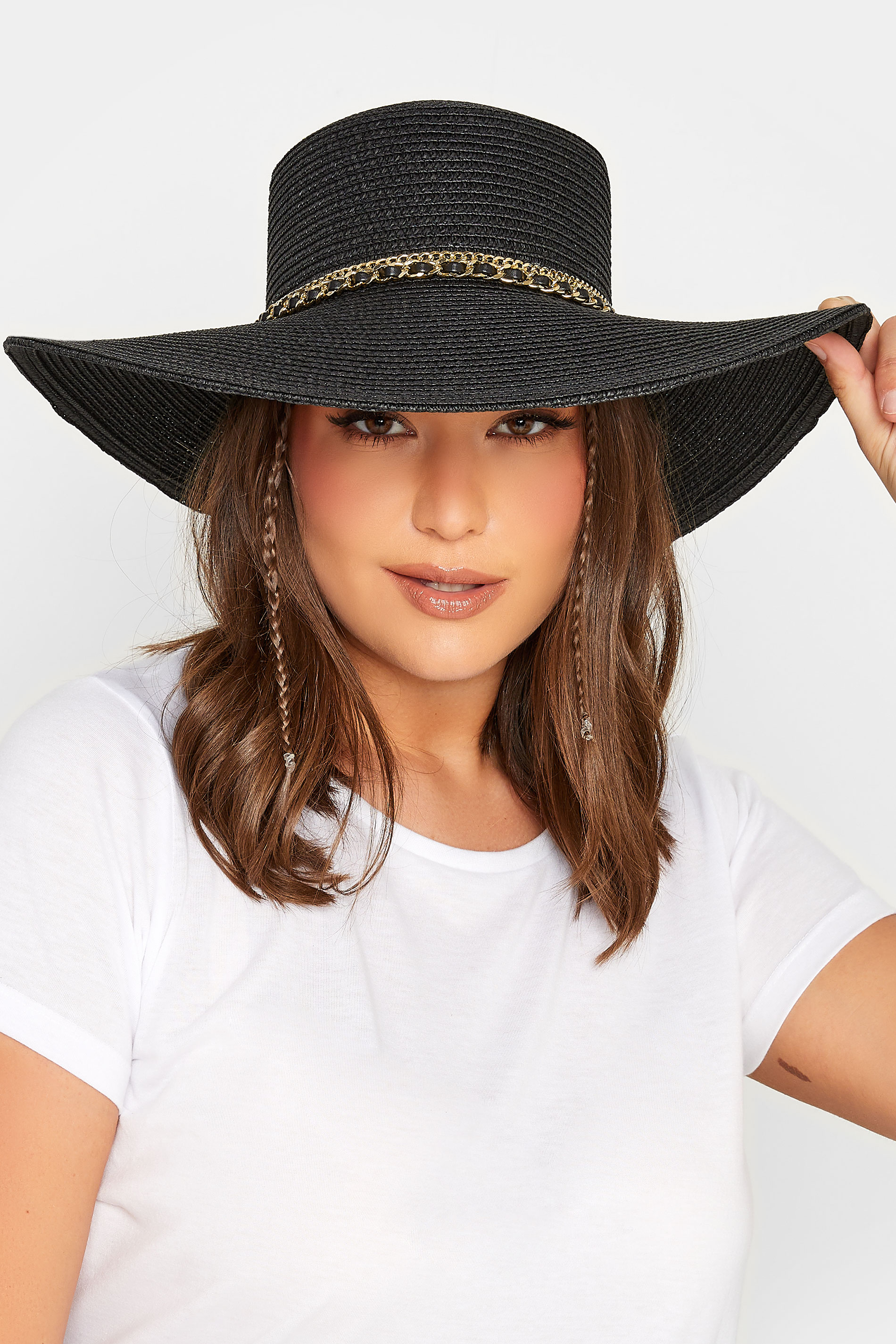 Black Chain Straw Wide Brim Boater Hat | Yours Clothing 1