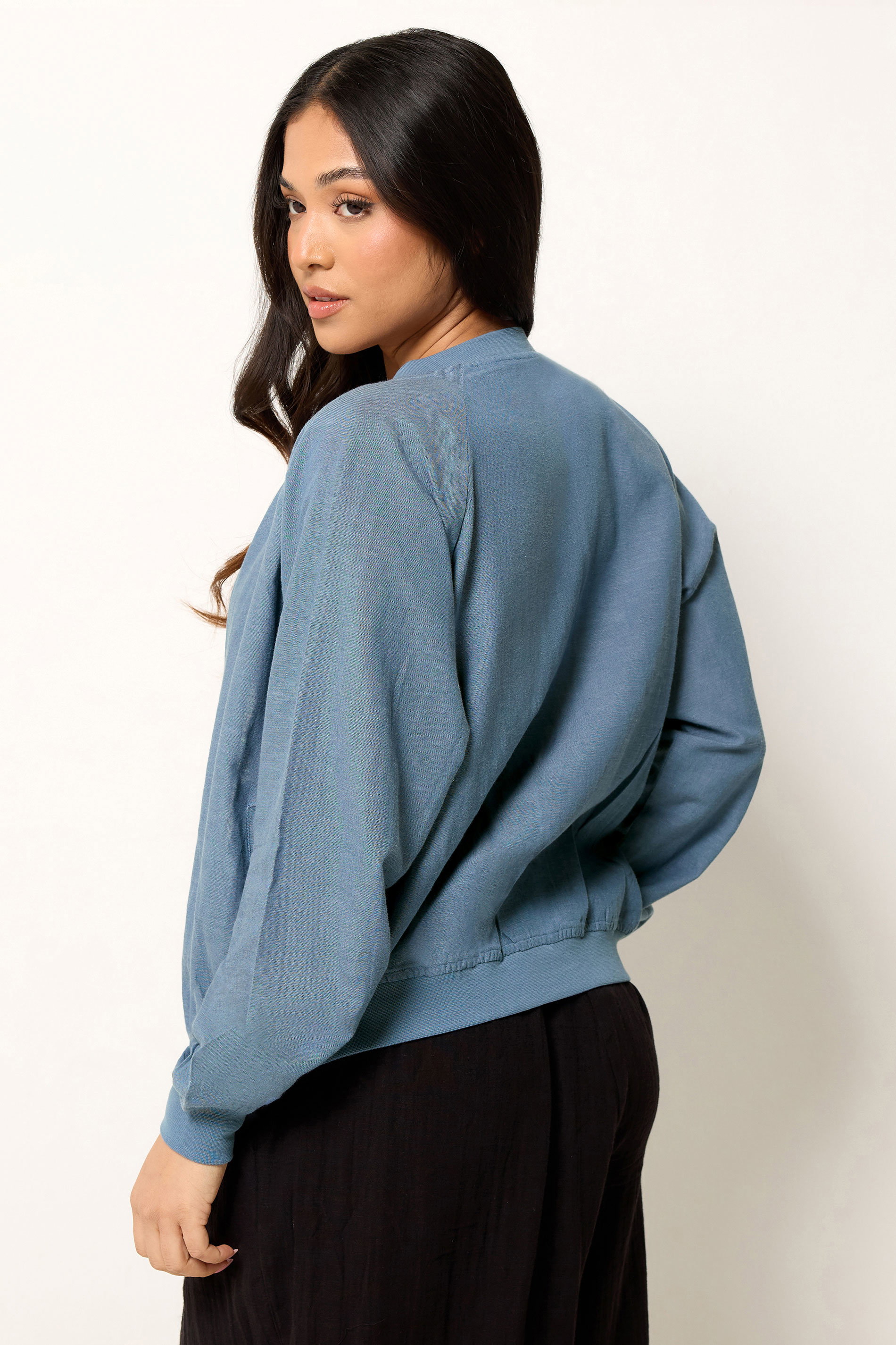 PixieGirl Petite Women's Blue Linen Bomber Jacket | PixieGirl 2