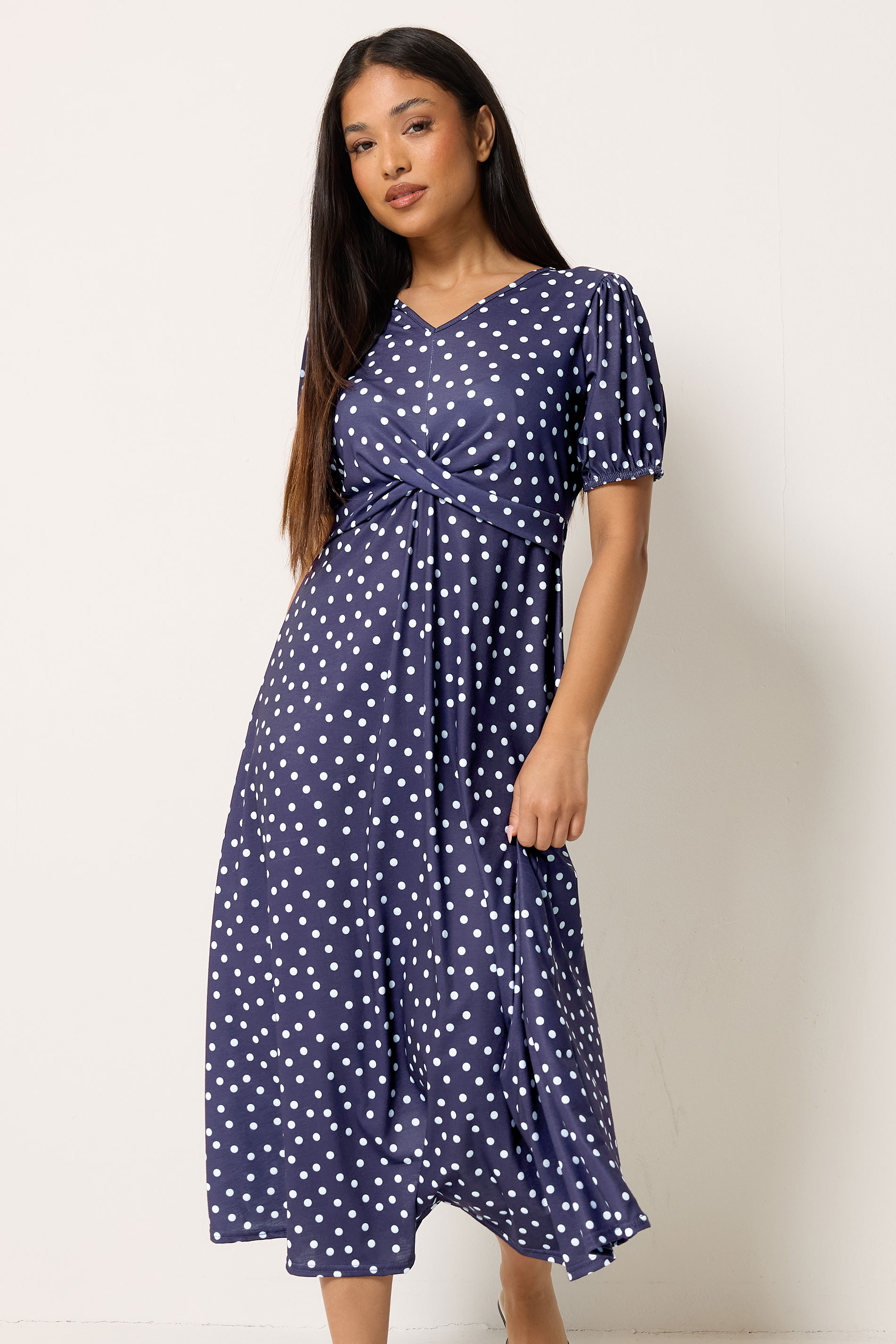 M&Co Petite Navy Blue Polka Dot Twist Front Maxi Dress | M&Co 3