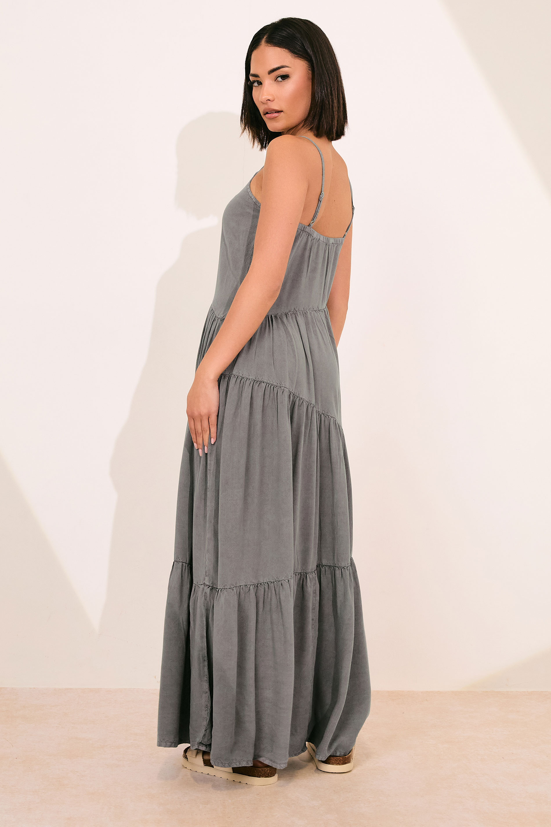 PixieGirl Petite Women's Grey Acid Wash Asymmetric Tiered Maxi Dress | PixieGirl 3