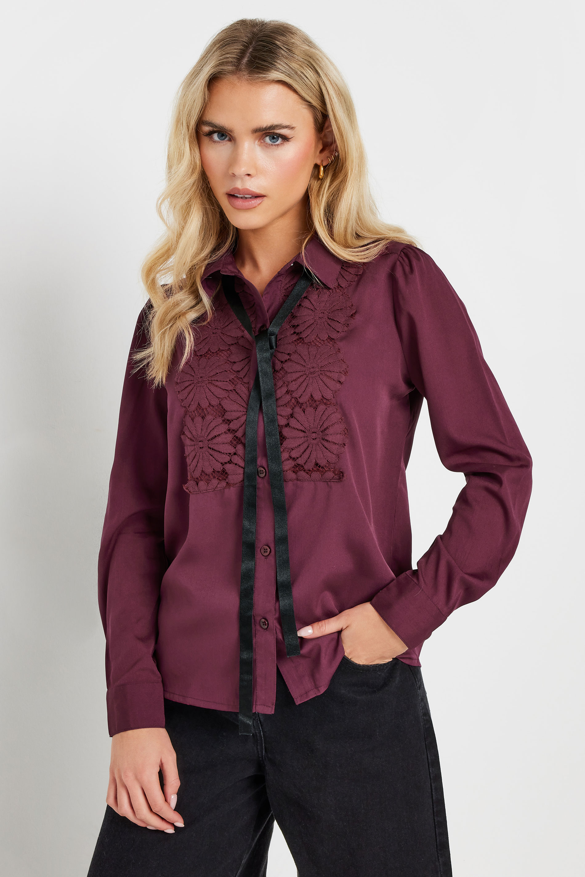 PixieGirl Petite Women's Burgundy Red Lace Trim Tie Neck Shirt | PixieGirl 4