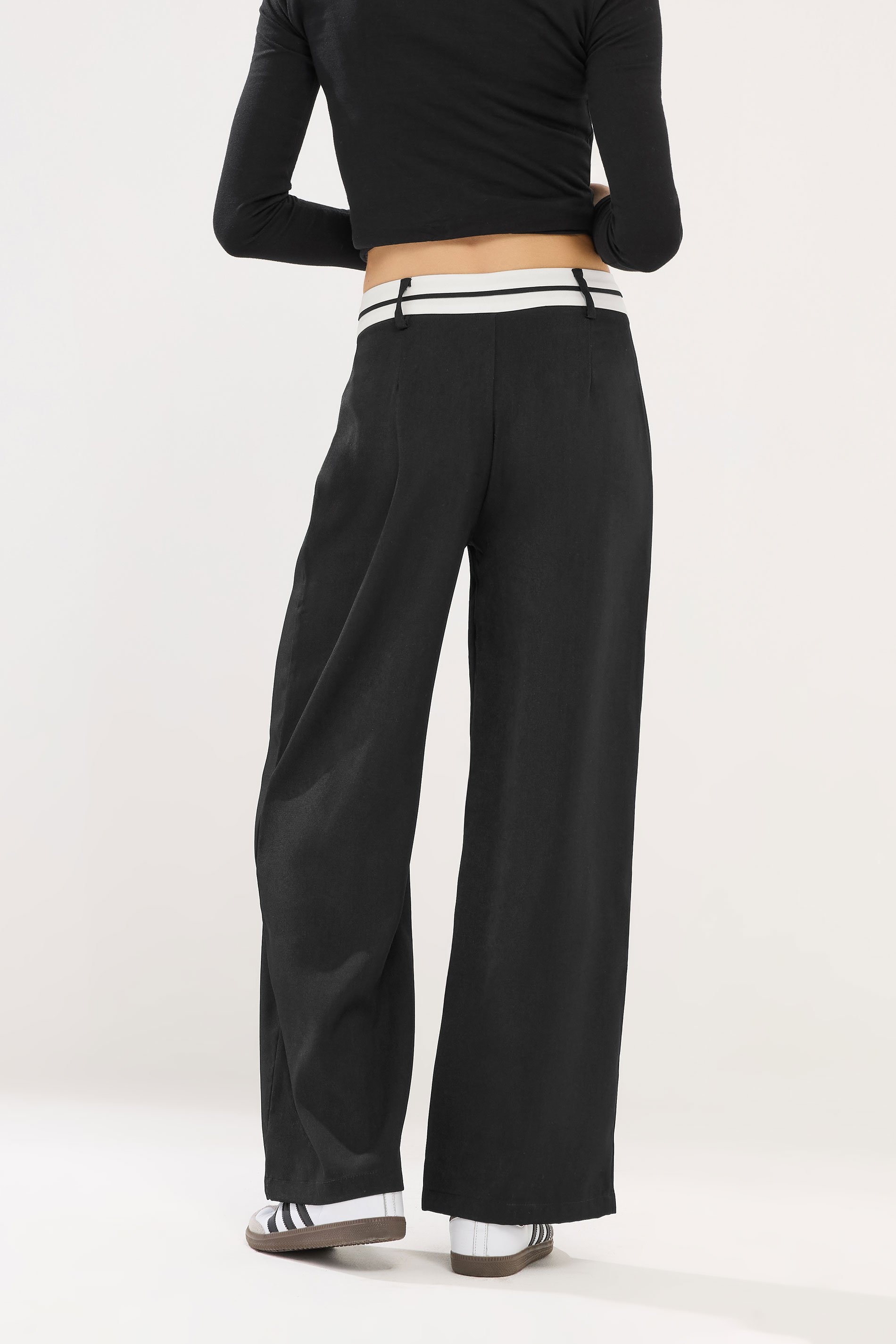 PixieGirl Petite Women's Black Cross Over Contrast Waistband Trousers | PixieGirl 3