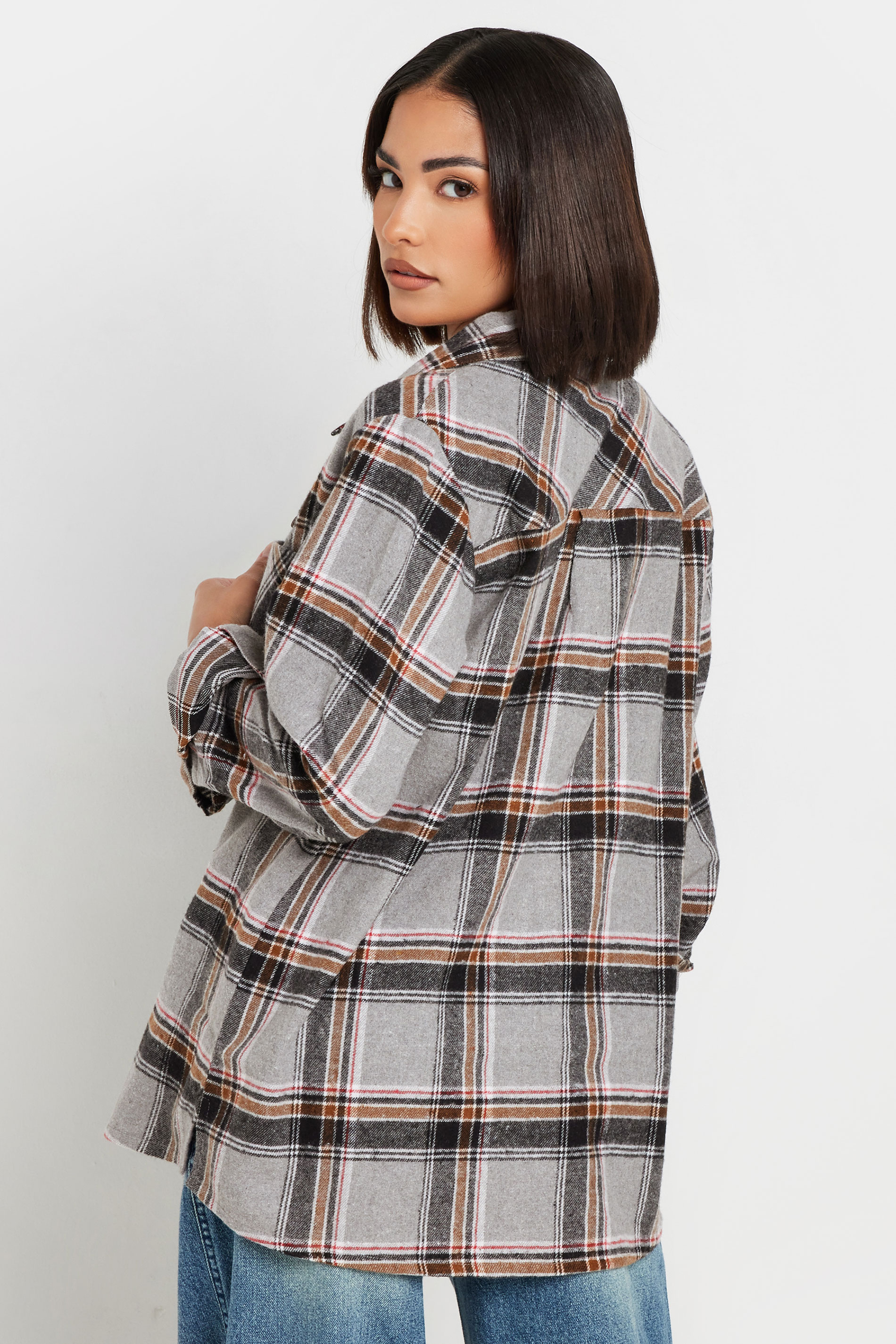 PixieGirl Grey & Orange Check Print Brushed Boyfriend Shirt | PixieGirl 4