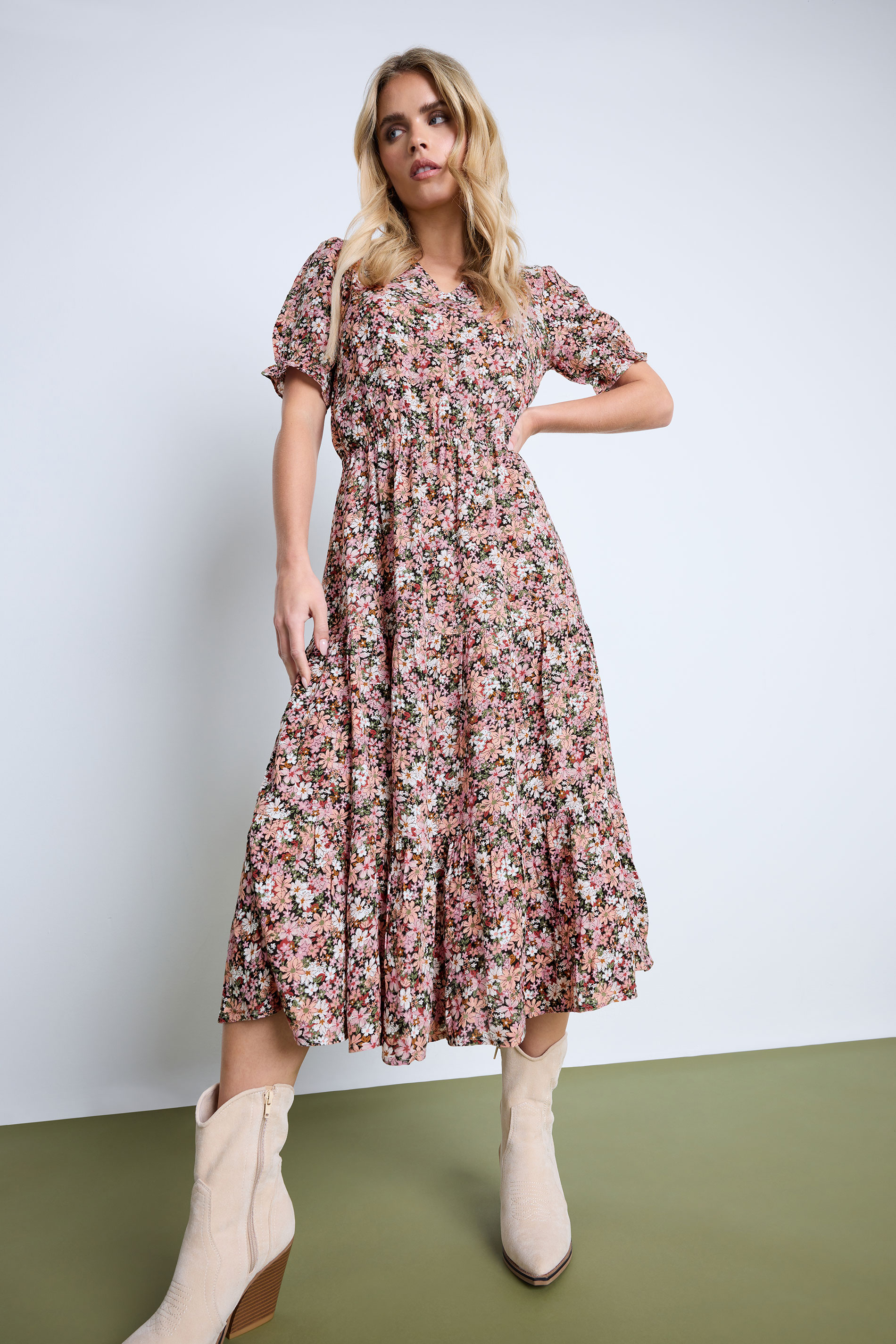 PixieGirl Petite Women's Pink Ditsy Floral Smock Dress | PixieGirl 1