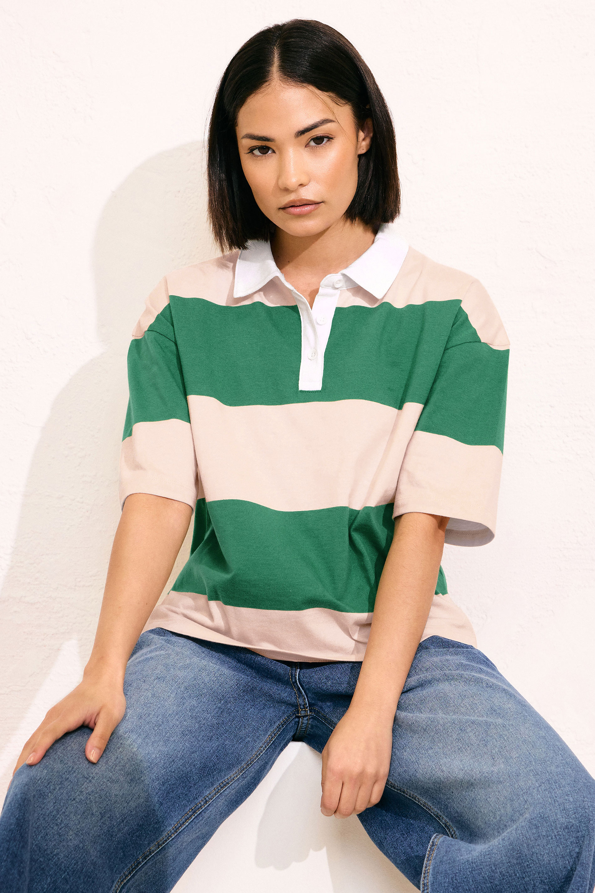PixieGirl Petite Women's Green & Pink Cotton Striped Rugby Collar T-Shirt | PixieGirl 3