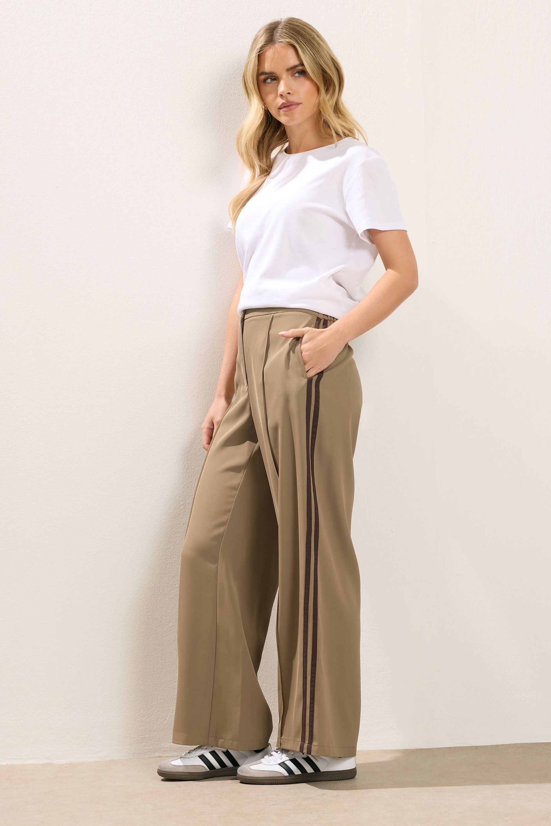 PixieGirl Petite Women's Mocha Brown Side Stripe Wide Leg Trousers | PixieGirl 2