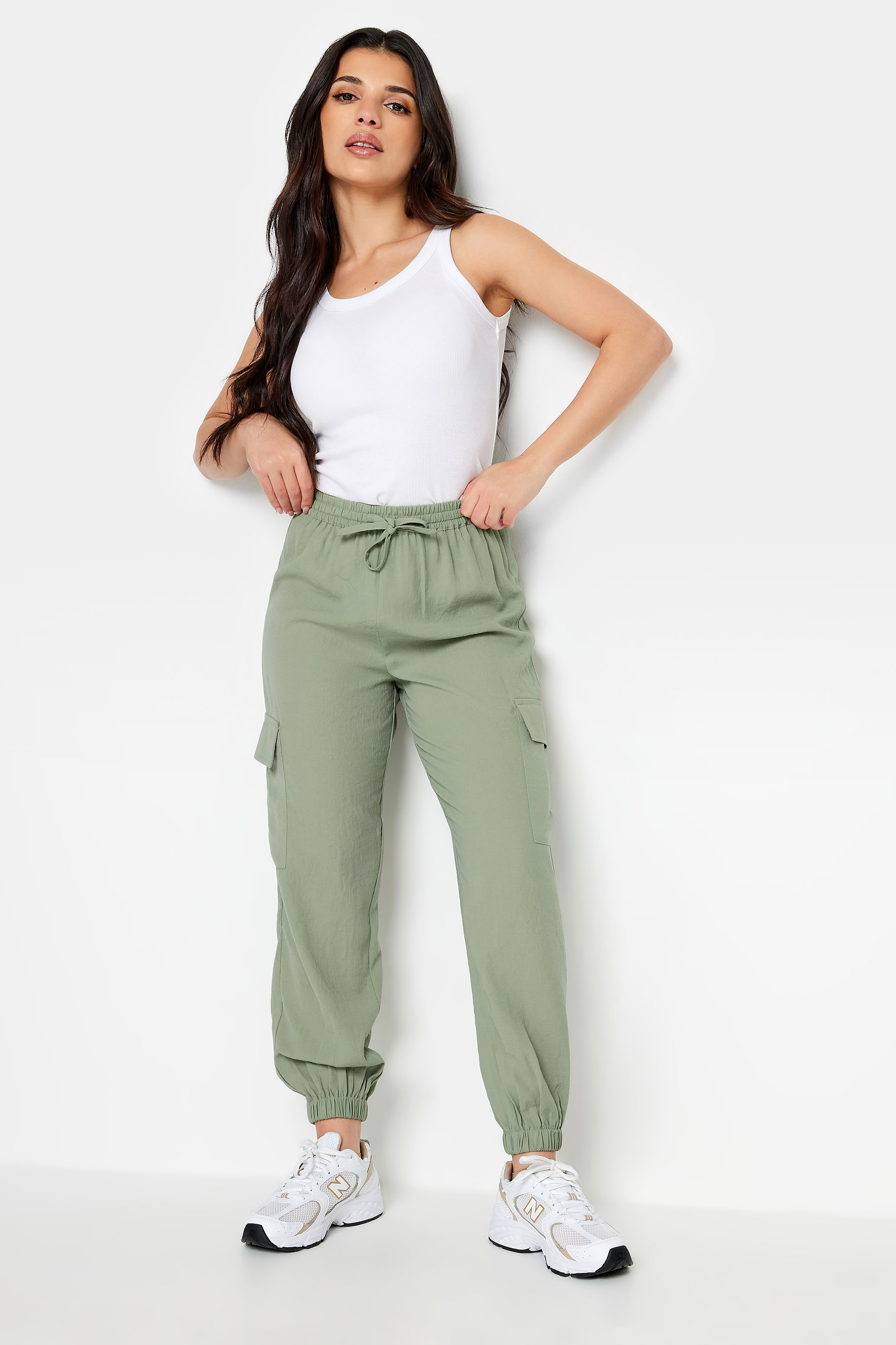 PixieGirl Petite Womens Sage Green Cuffed Cargo Trousers | PixieGirl 1