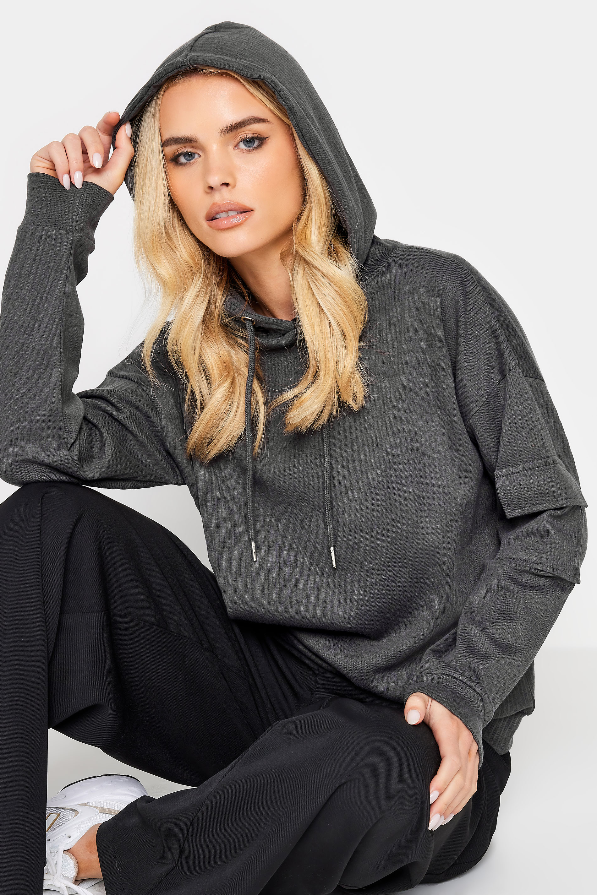 PixieGirl Petite Women's Charcoal Grey Ribbed Cargo Hoodie | PixieGirl 4