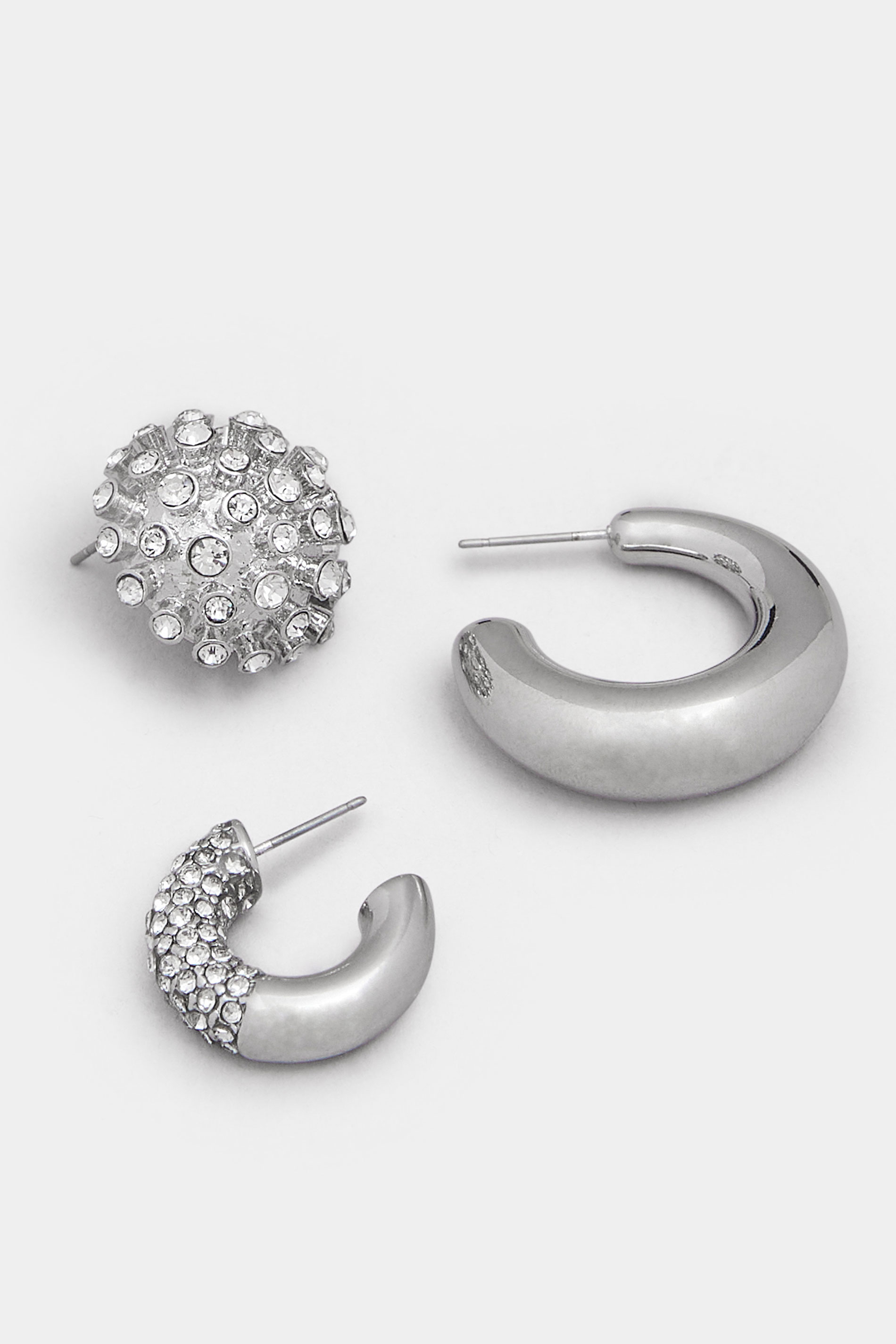 3 PACK Silver Tone Mixed Stud & Hoop Earring Set | Yours Clothing 4
