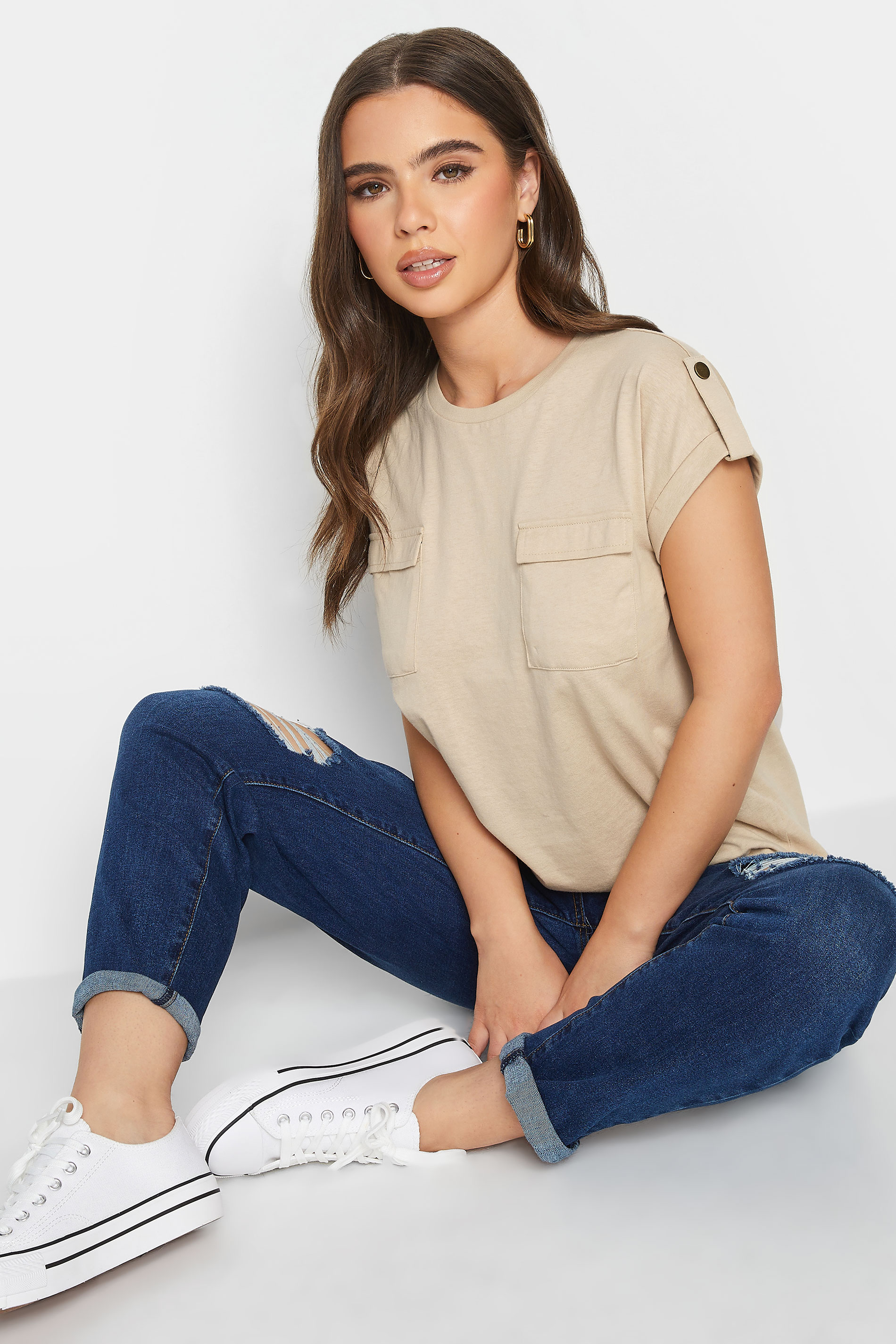 Petite Natural Brown Pocket Detail Cotton T-Shirt | PixieGirl 4