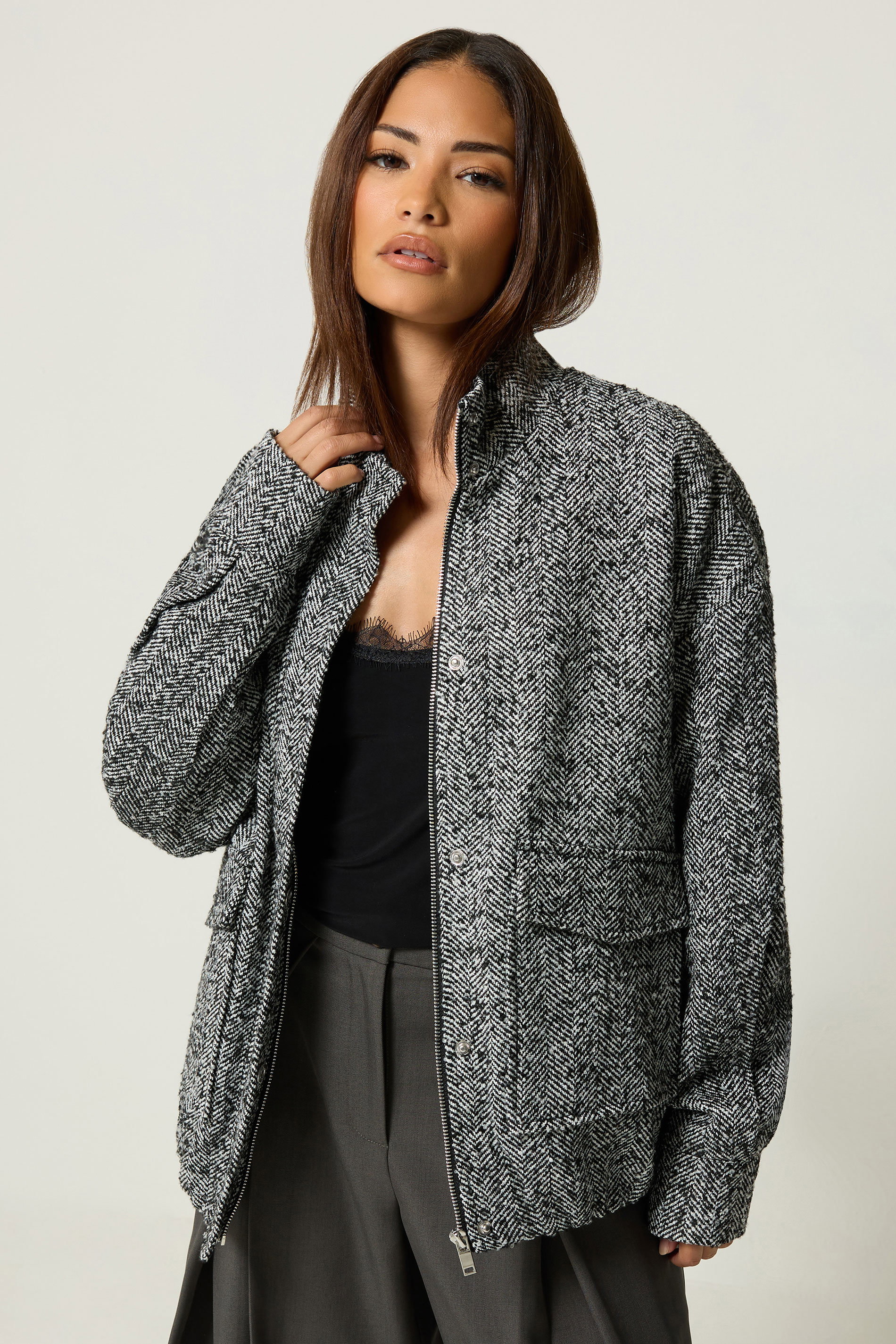 Pixiegirl Women's Grey Petite Herringbone Funnel Neck Jacket Size 18