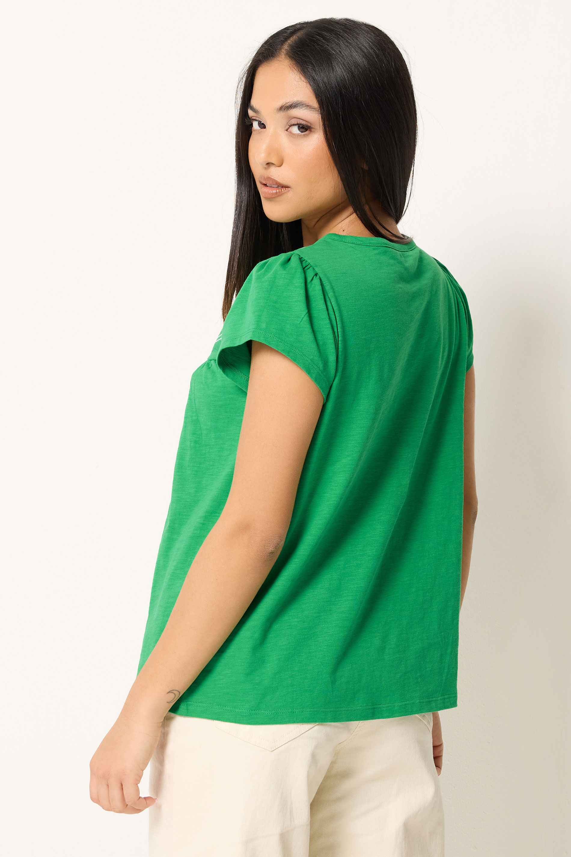 M&Co Petite Green Embroidered Cotton Notch Neck Top | M&Co 2
