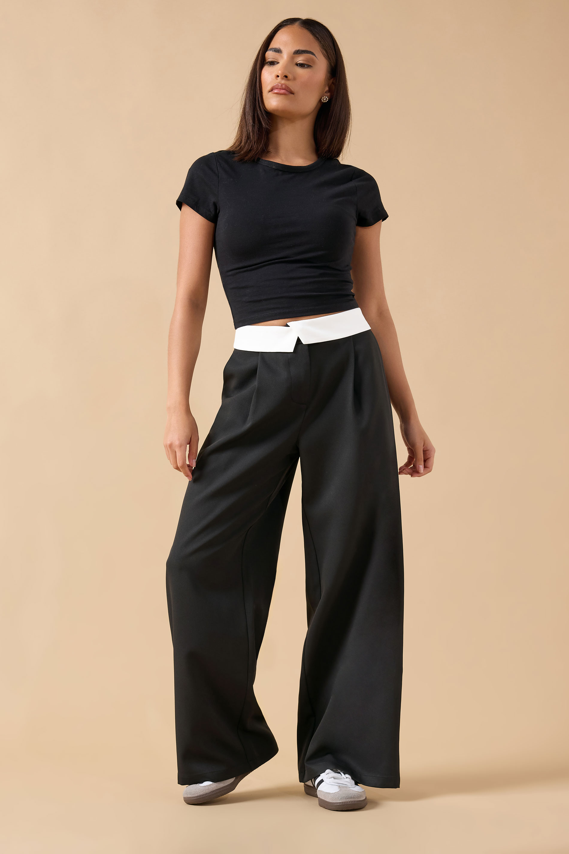 PixieGirl Petite Women's Black Fold Over Smart Trousers | PixieGirl 1