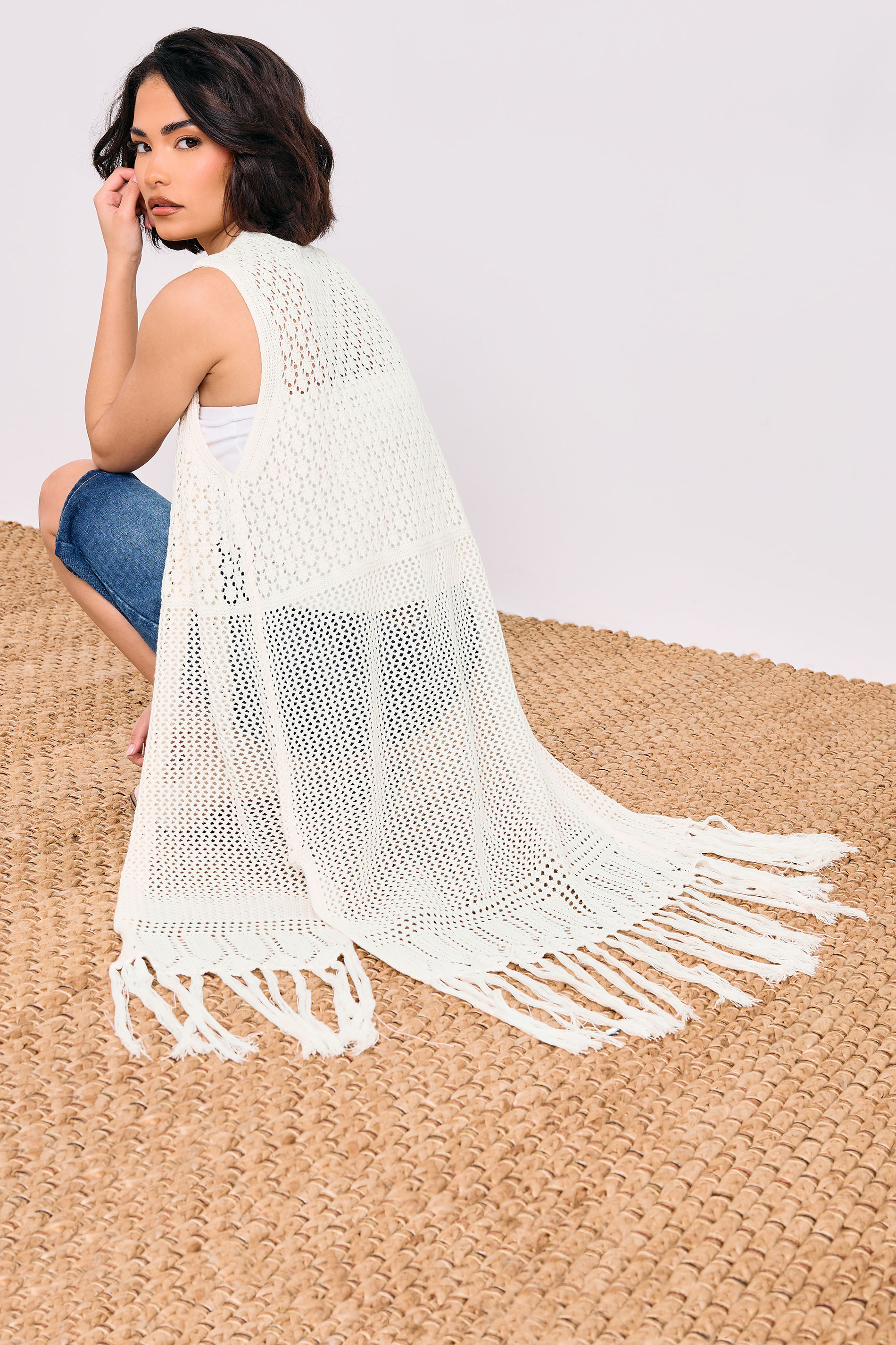 PixieGirl Petite Women's Ivory White Crochet Longline Waistcoat | PixieGirl 4