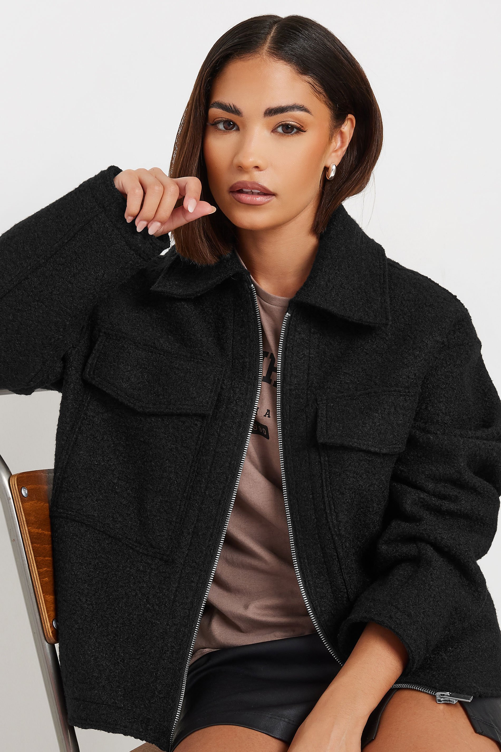 PixieGirl Petite Women's Black Boucle Zip Through Shacket | PixieGirl 1