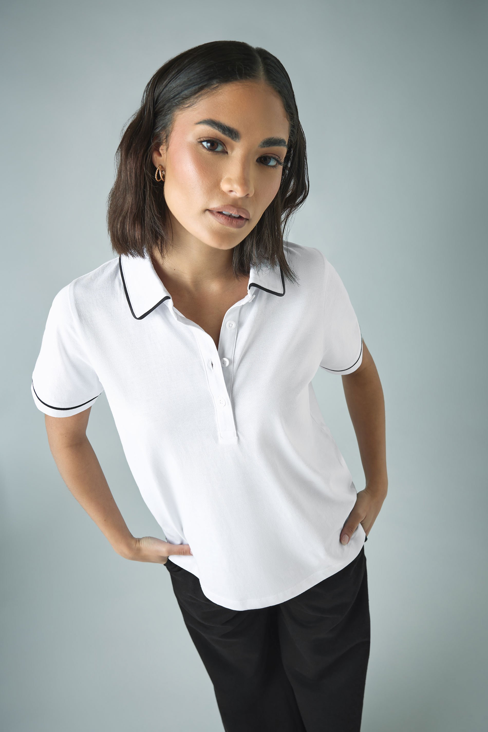 PixieGirl Petite Women's White Contrast Trim Polo Shirt | PixieGirl 1