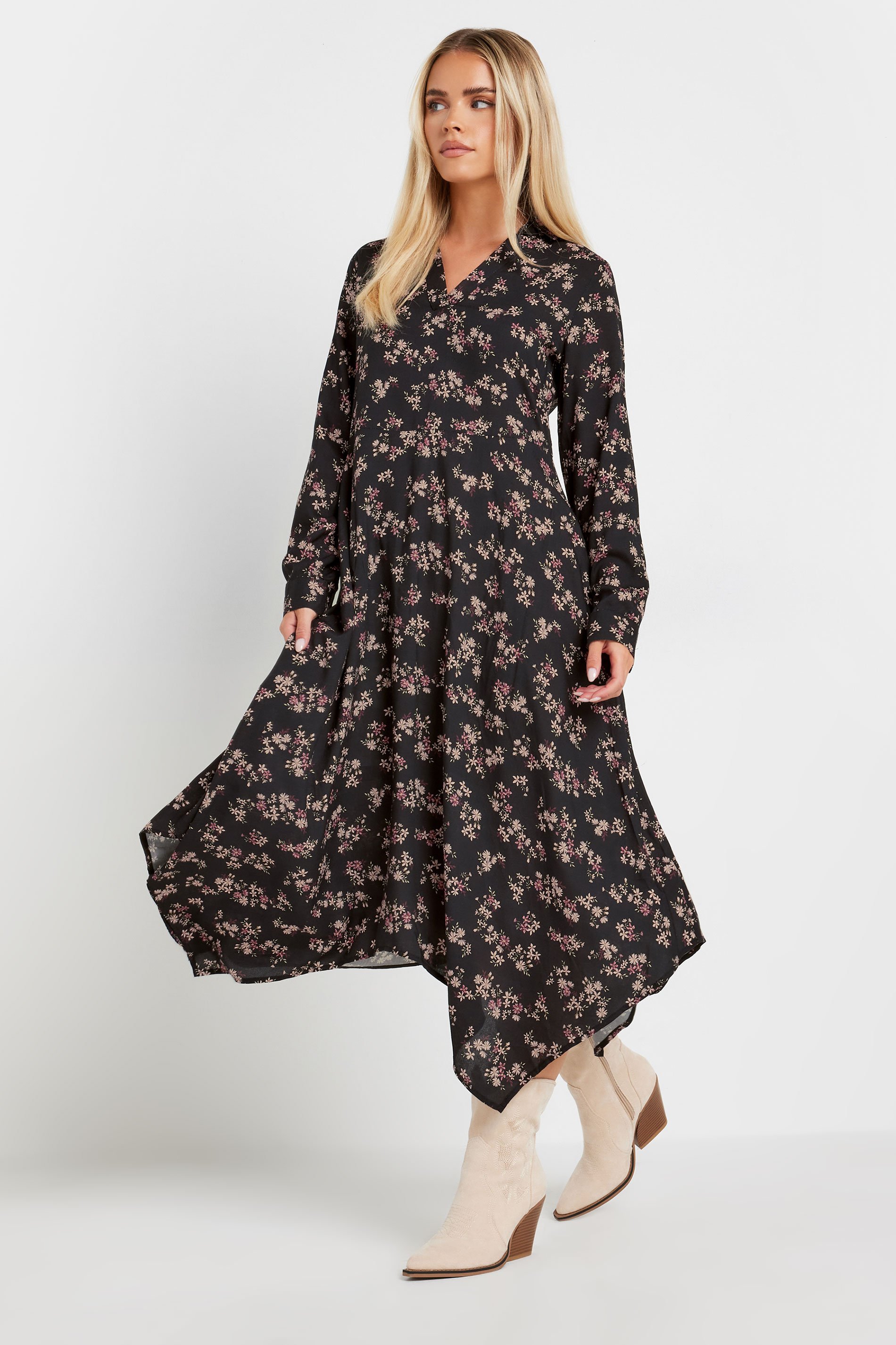PixieGirl Petite Women's Black Ditsy Floral Hanky Hem Midaxi Dress | PixieGirl 1