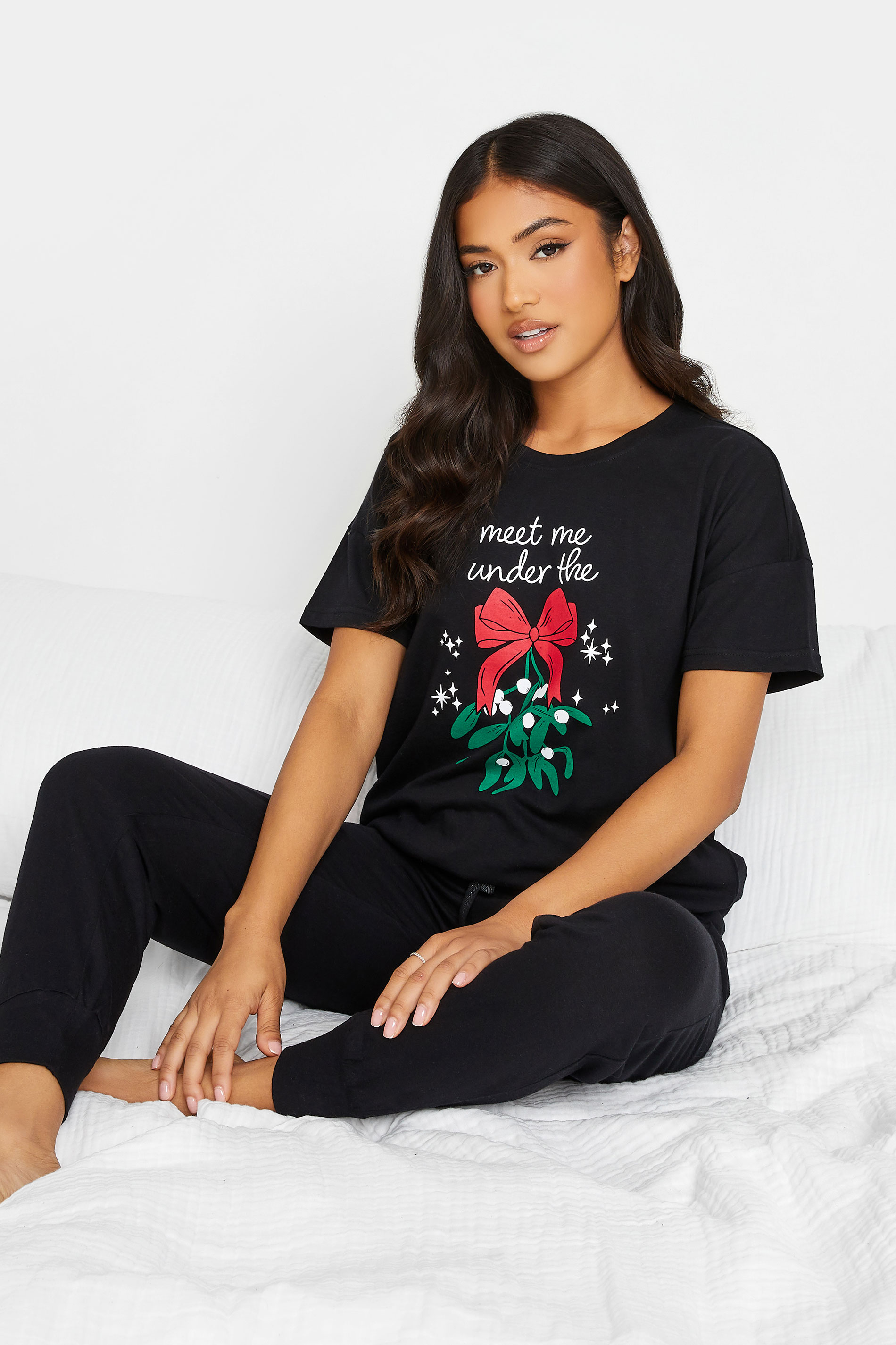 PixieGirl Black Mistletoe Print Christmas Pyjama Set | PixieGirl  3