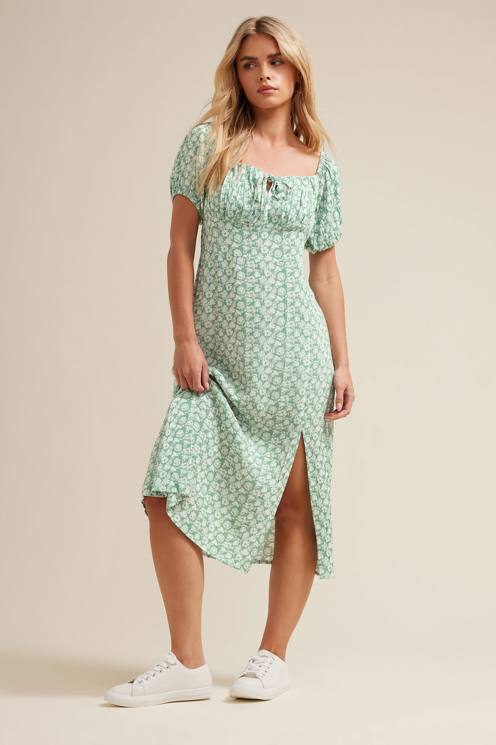 PixieGirl Petite Women's Mint Green Floral Tie Front Midi Dress | PixieGirl 6