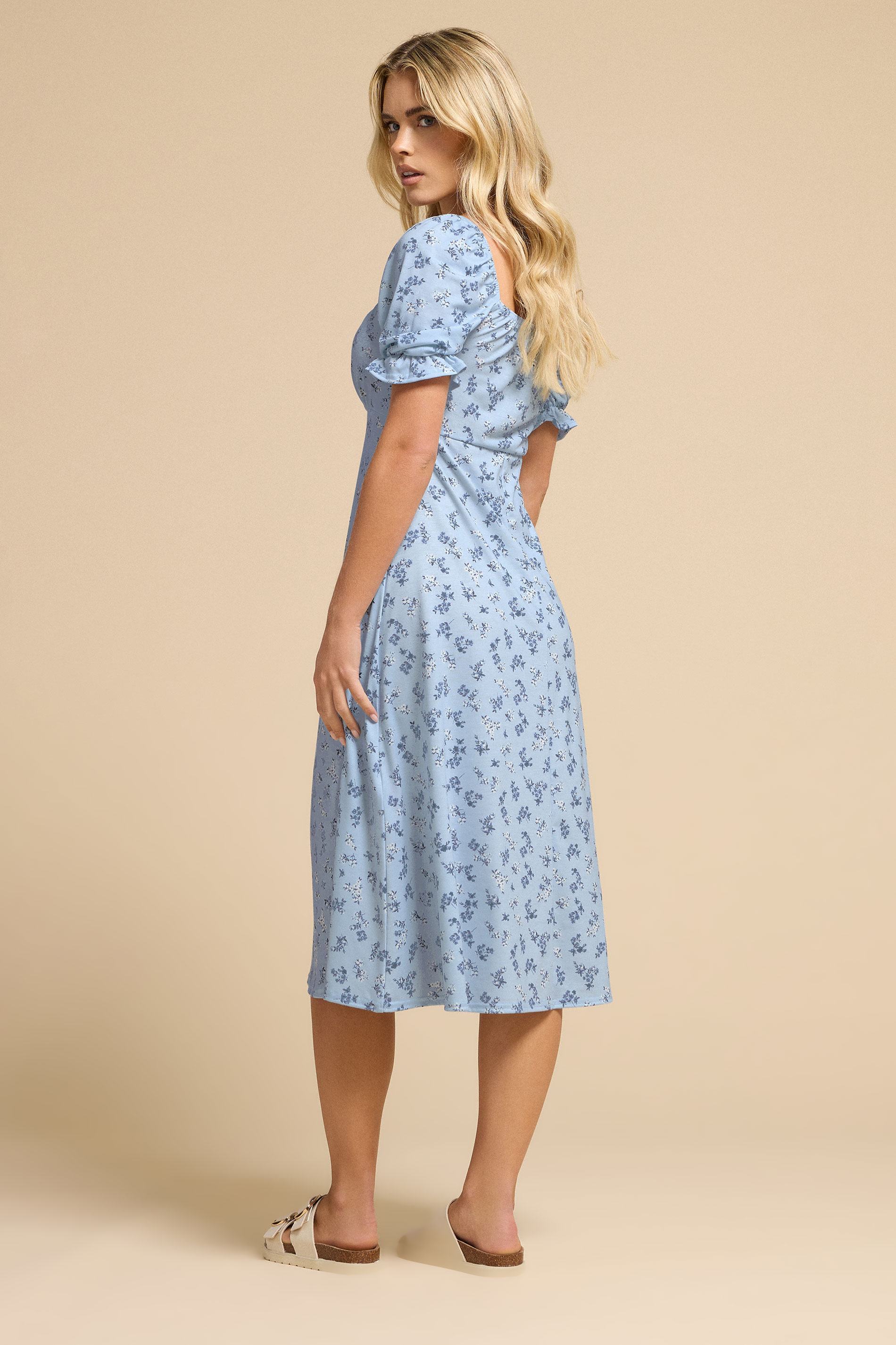PixieGirl Petite Women's Blue Ditsy Floral Tie Front Midi Dress | PixieGirl 3