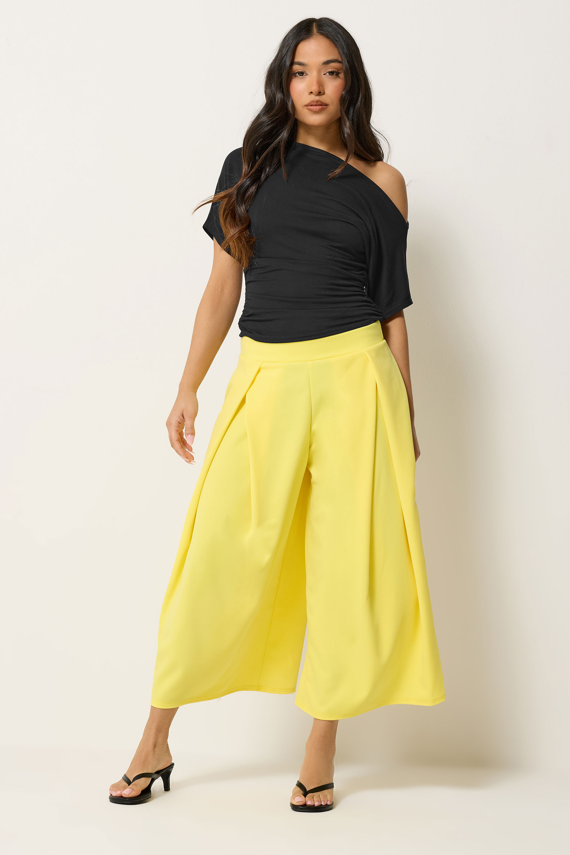 Pixiegirl Women's Yellow Petite Pleated Cropped Wide Leg Trousers Size 18