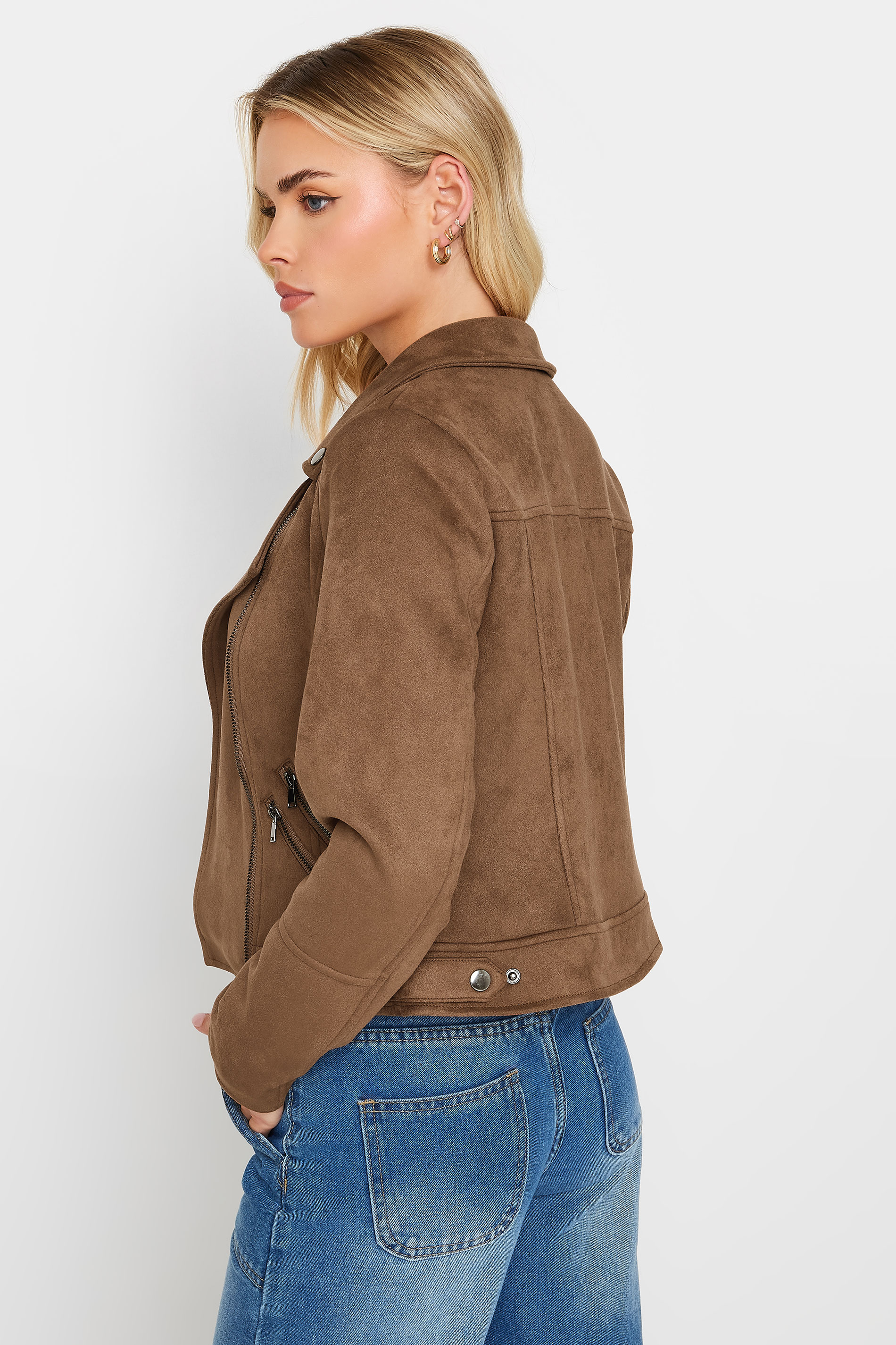 PixieGirl Petite Women's Tan Brown Faux Suede Biker Jacket | PixieGirl 3