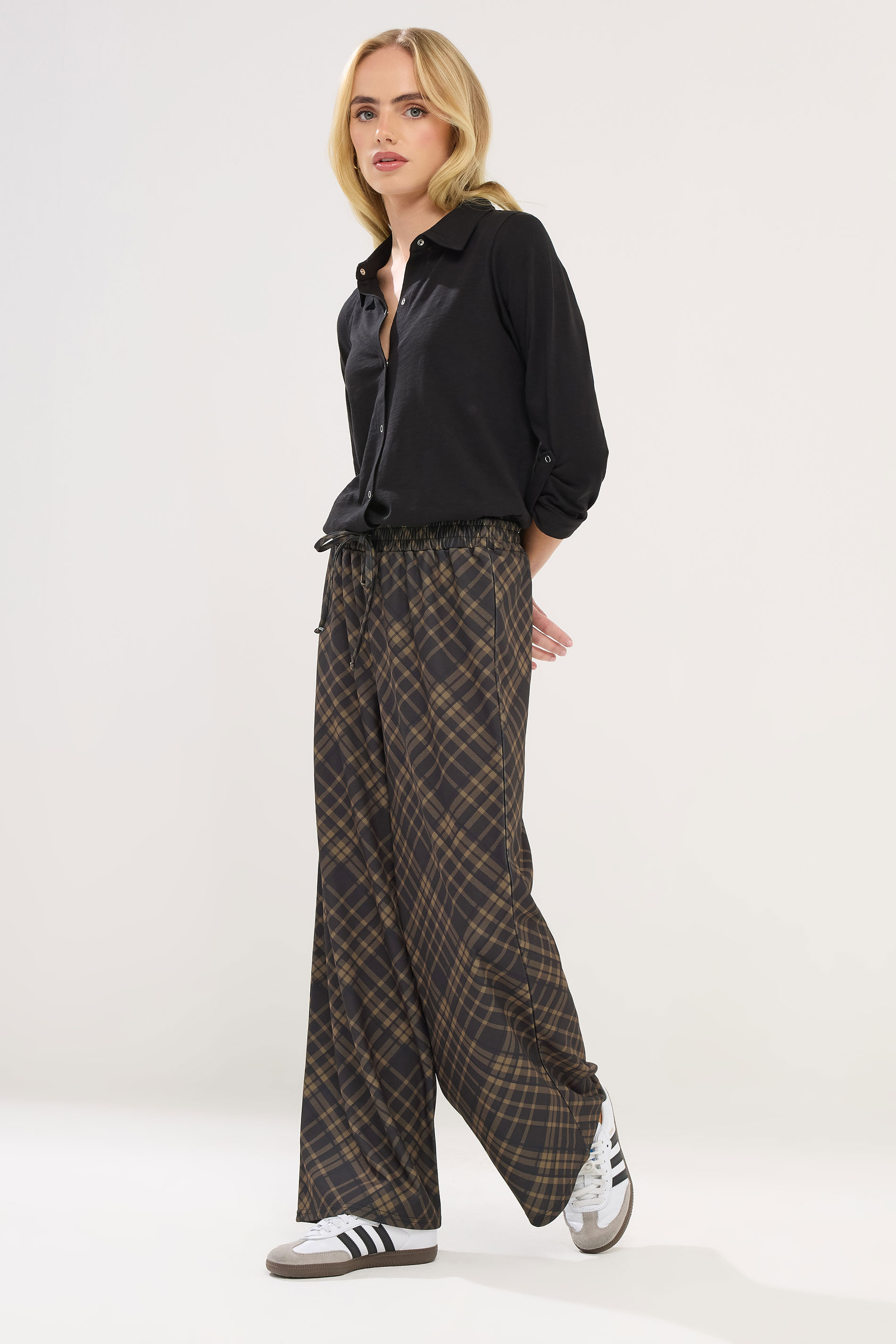 PixieGirl Petite Chocolate Brown Check Wide Leg Trousers | PixieGirl 1
