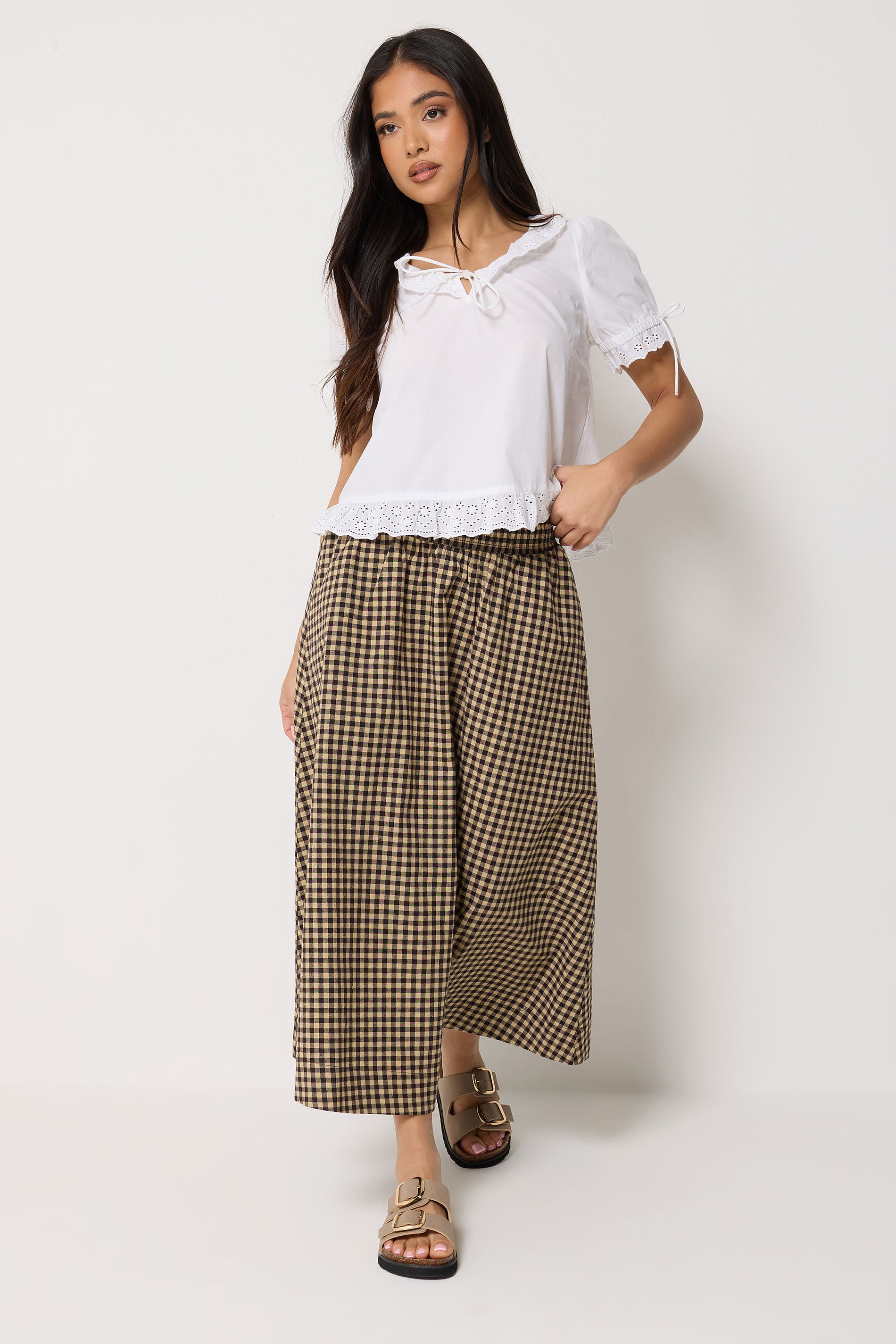 PixieGirl Petite Women's Brown Gingham Cotton Shirred Maxi Skirt