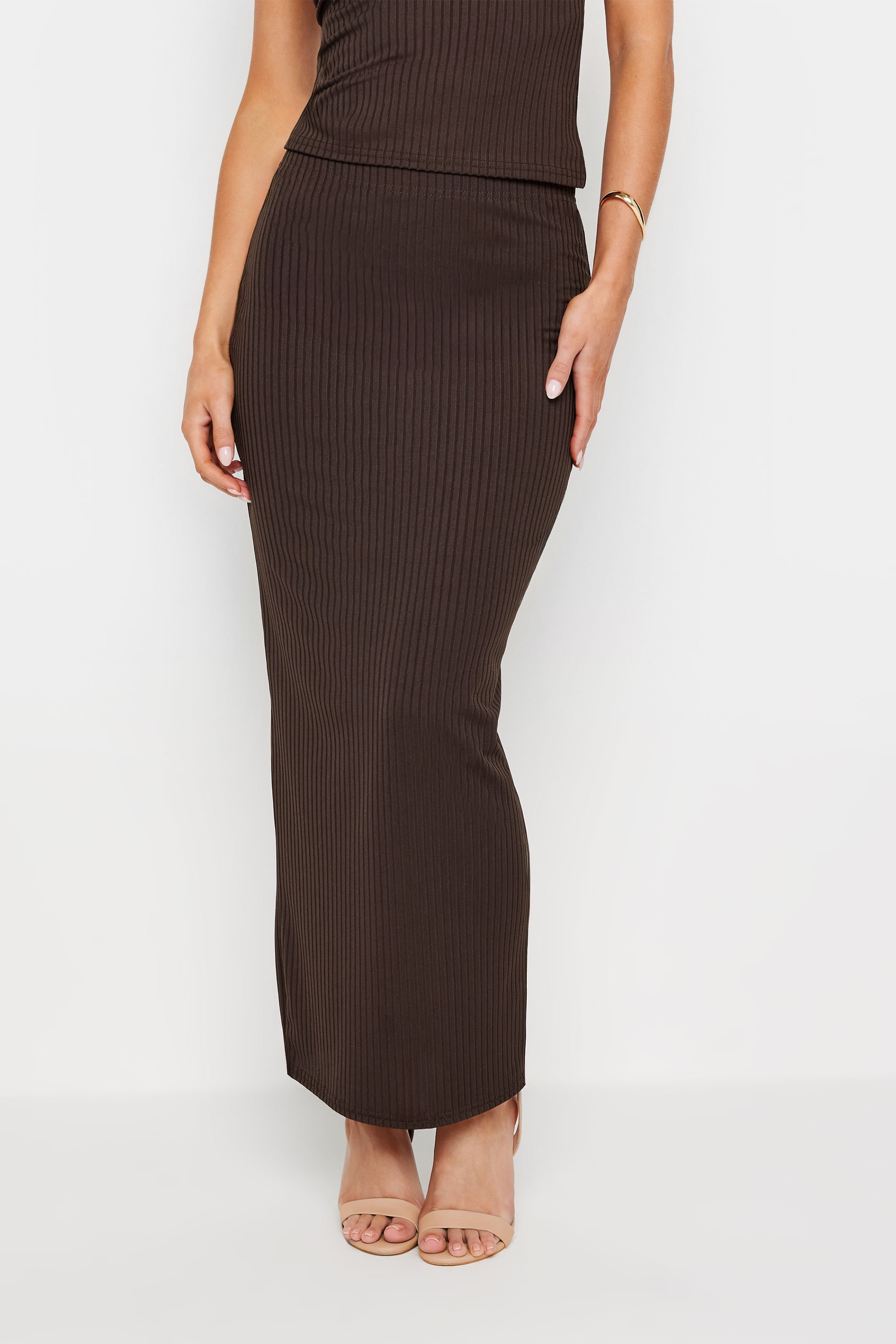 PixieGirl Petite Women's Chocolate Brown Ribbed Maxi Tube Skirt | PixieGirl 2