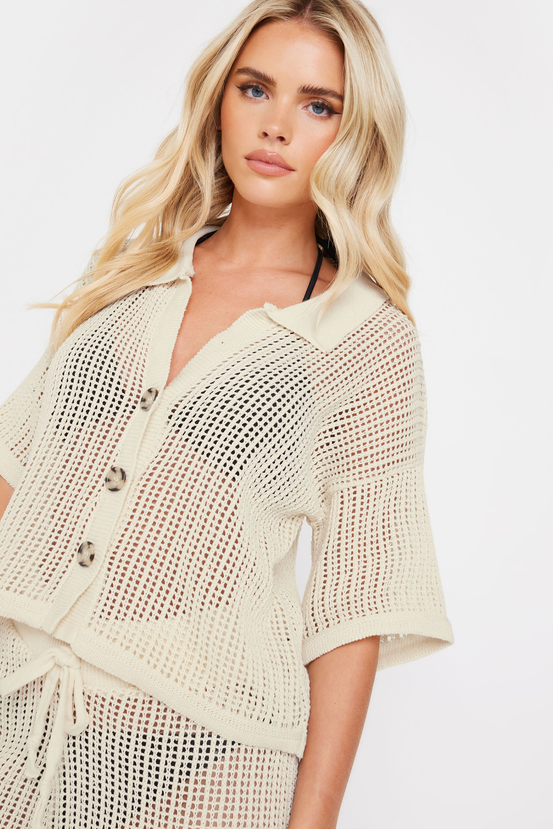 PixieGirl Petite Women's Cream Crochet Short Sleeve Shirt | PixieGirl 1