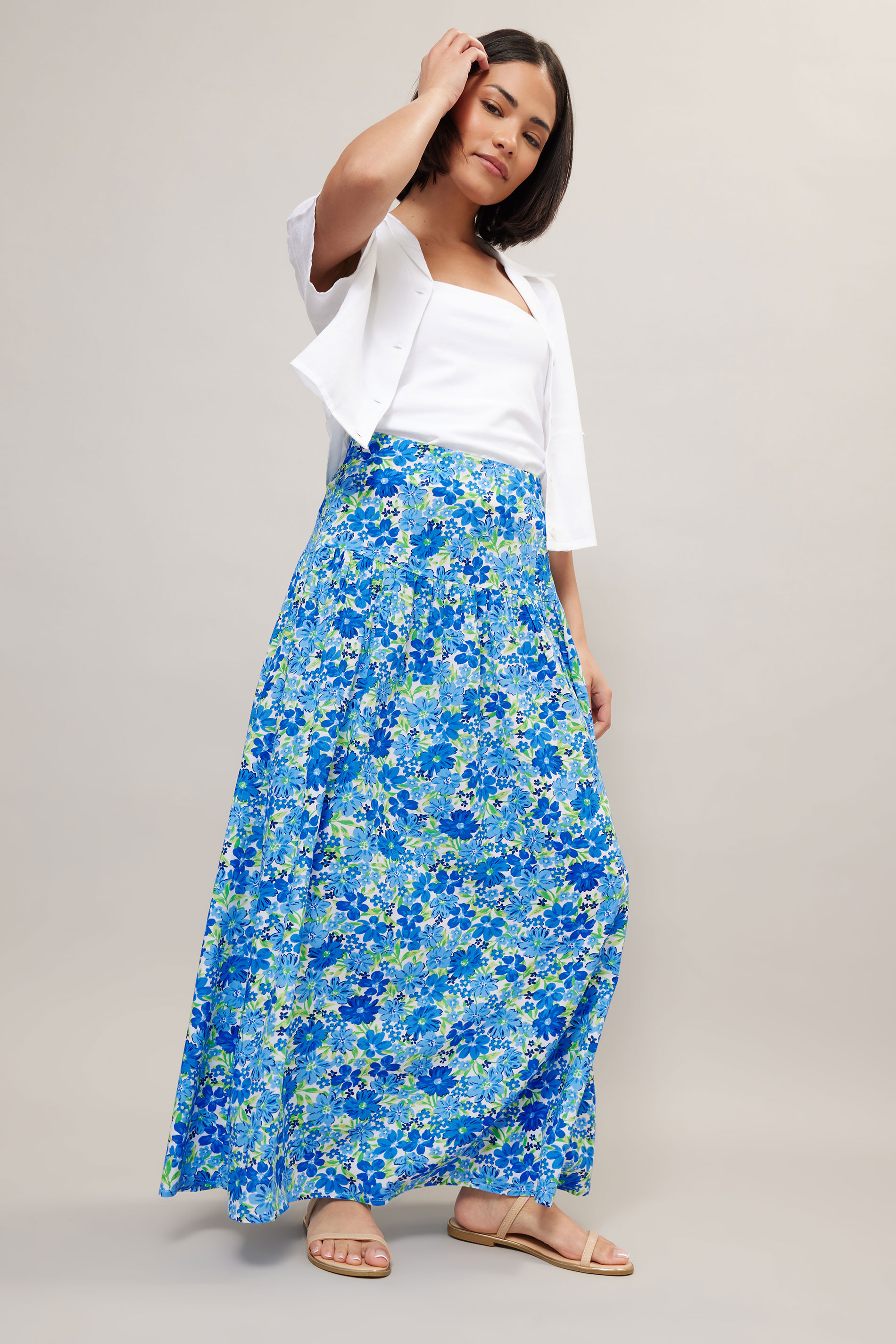 PixieGirl Petite Women's Blue Floral Print Low Yoke Maxi Skirt | PixieGirl 3