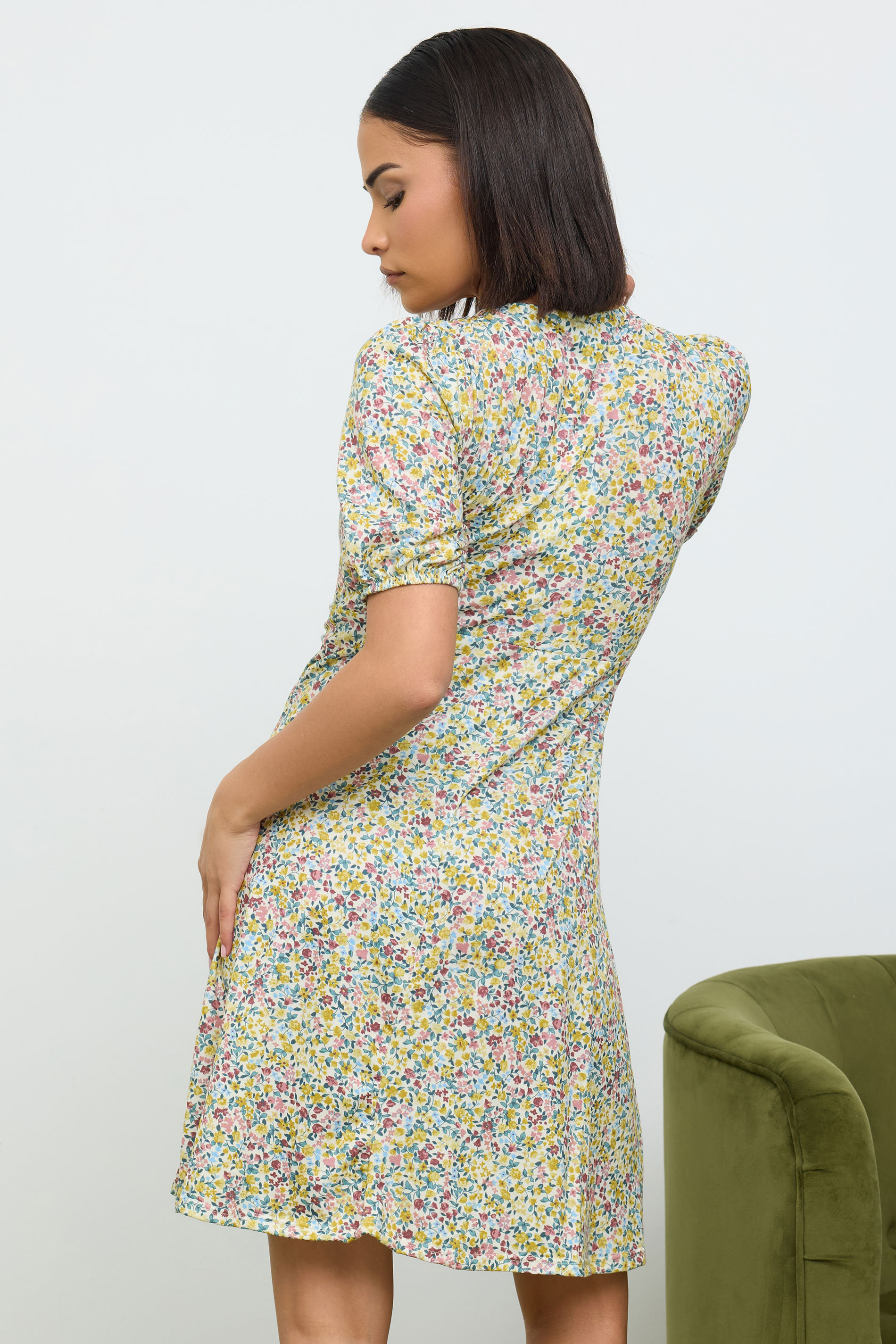 PixieGirl Petite Women's Yellow & Pink Floral Print Tie Front Mini Dress | PixieGirl 3