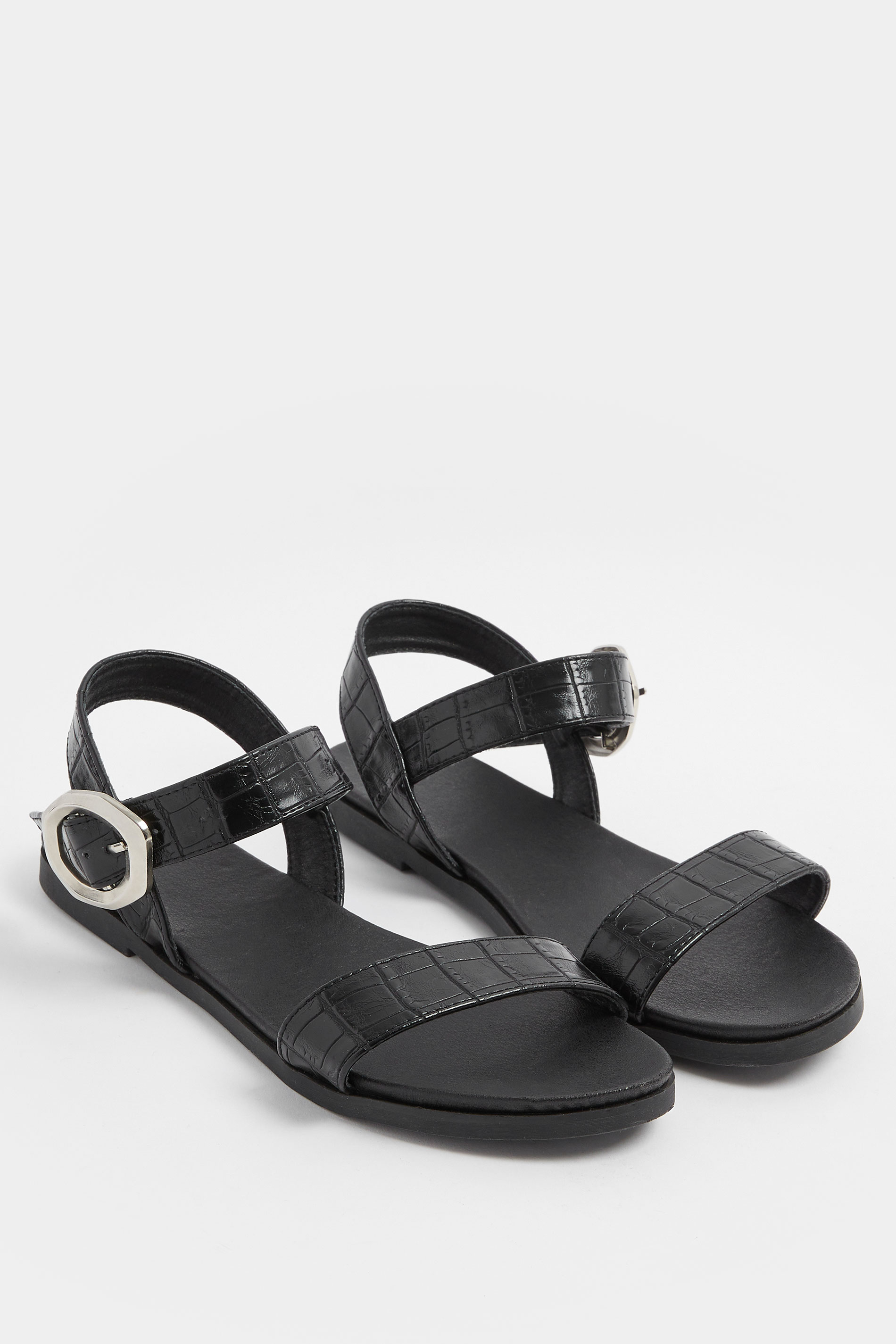 Black Croc Buckle Detail Sandals In Wide E Fit | Yours Clothing 3