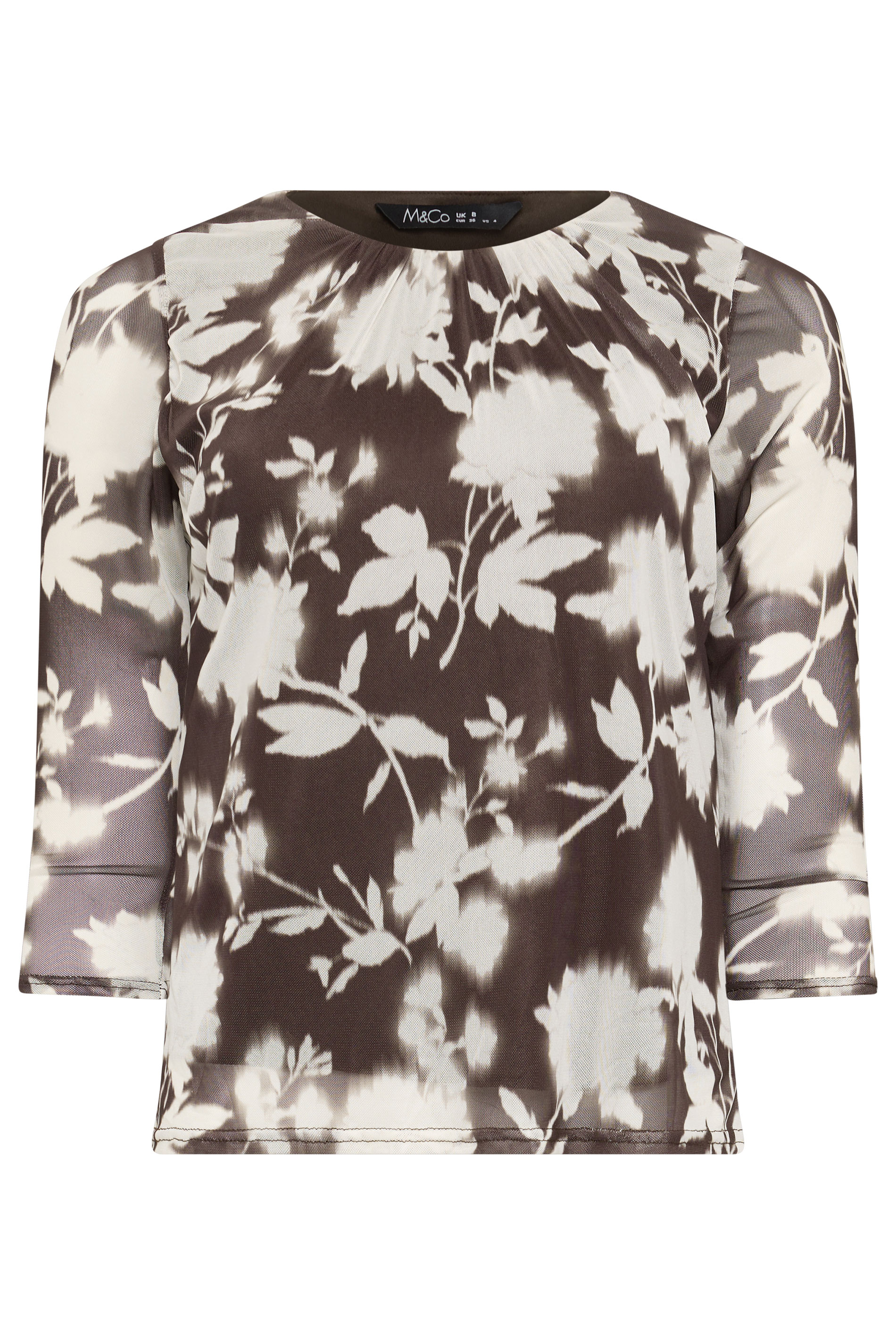 M&Co Petite Brown Floral Print Mesh Crew Neck Top | M&Co 5