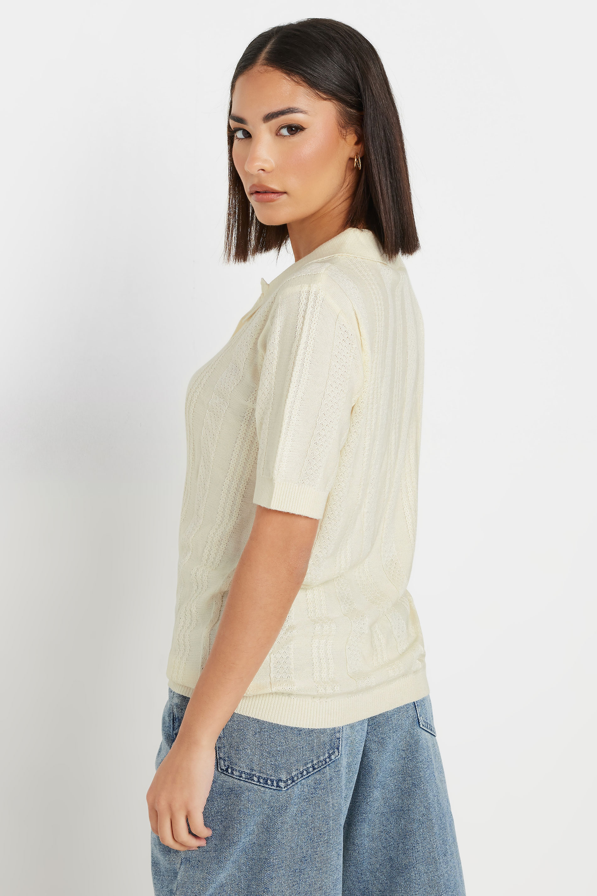 PixieGirl Petite Women's Ivory White Pointelle Knit Polo Top | PixieGirl 5