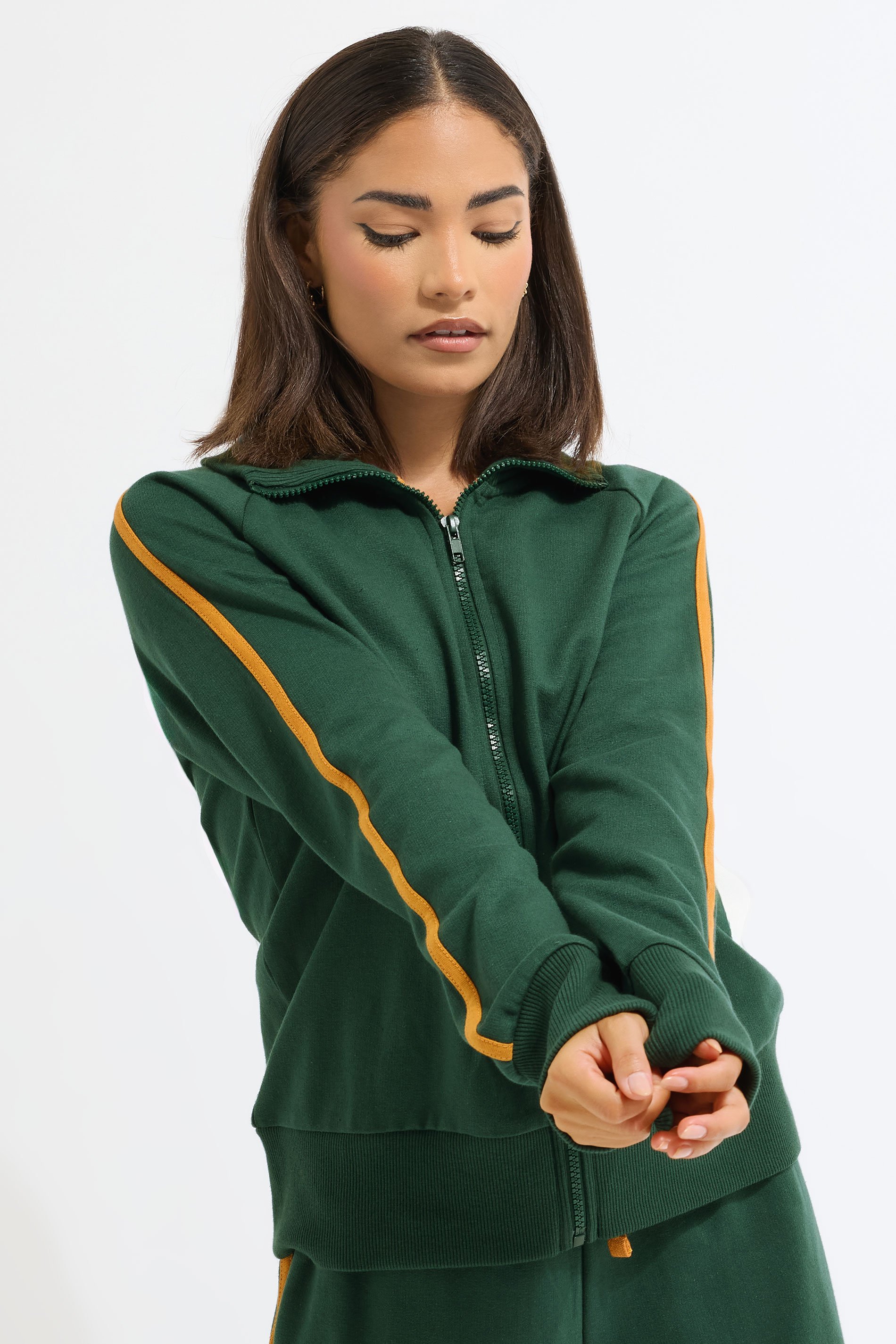 PixieGirl Petite Women's Green & Yellow Stripe Collar Zip Sweatshirt | PixieGirl  1