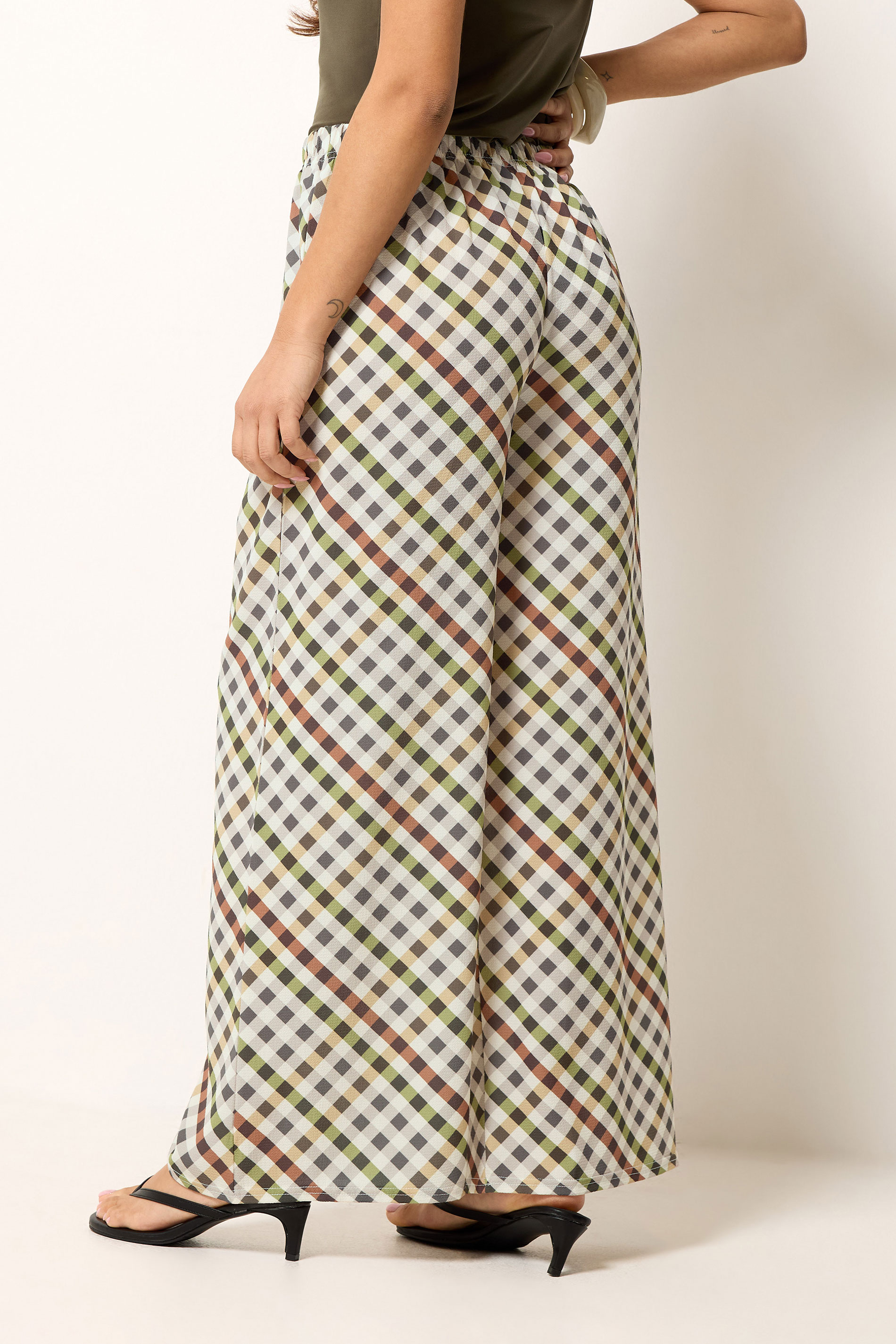 PixieGirl Petite Women's Natural Brown Gingham Wide Leg Trousers | PixieGirl 2