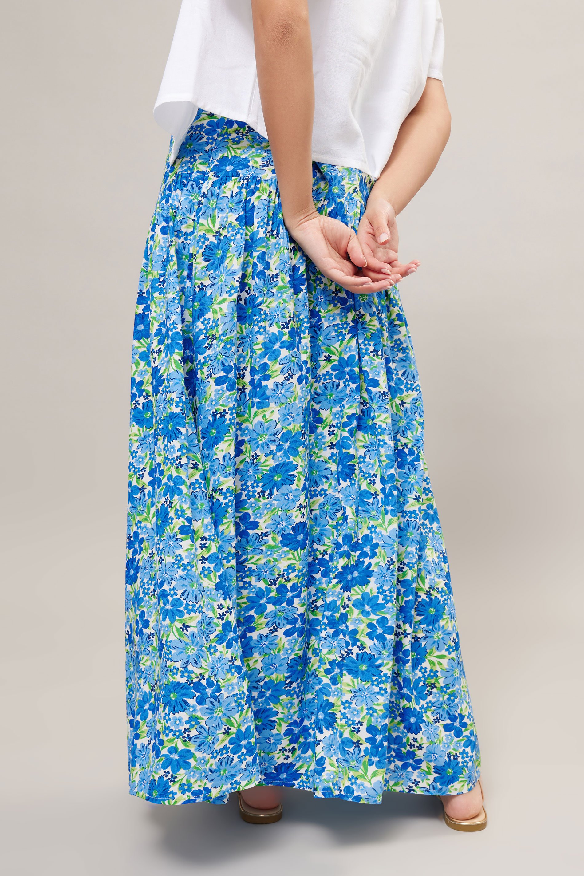 PixieGirl Petite Women's Blue Floral Print Low Yoke Maxi Skirt | PixieGirl 4
