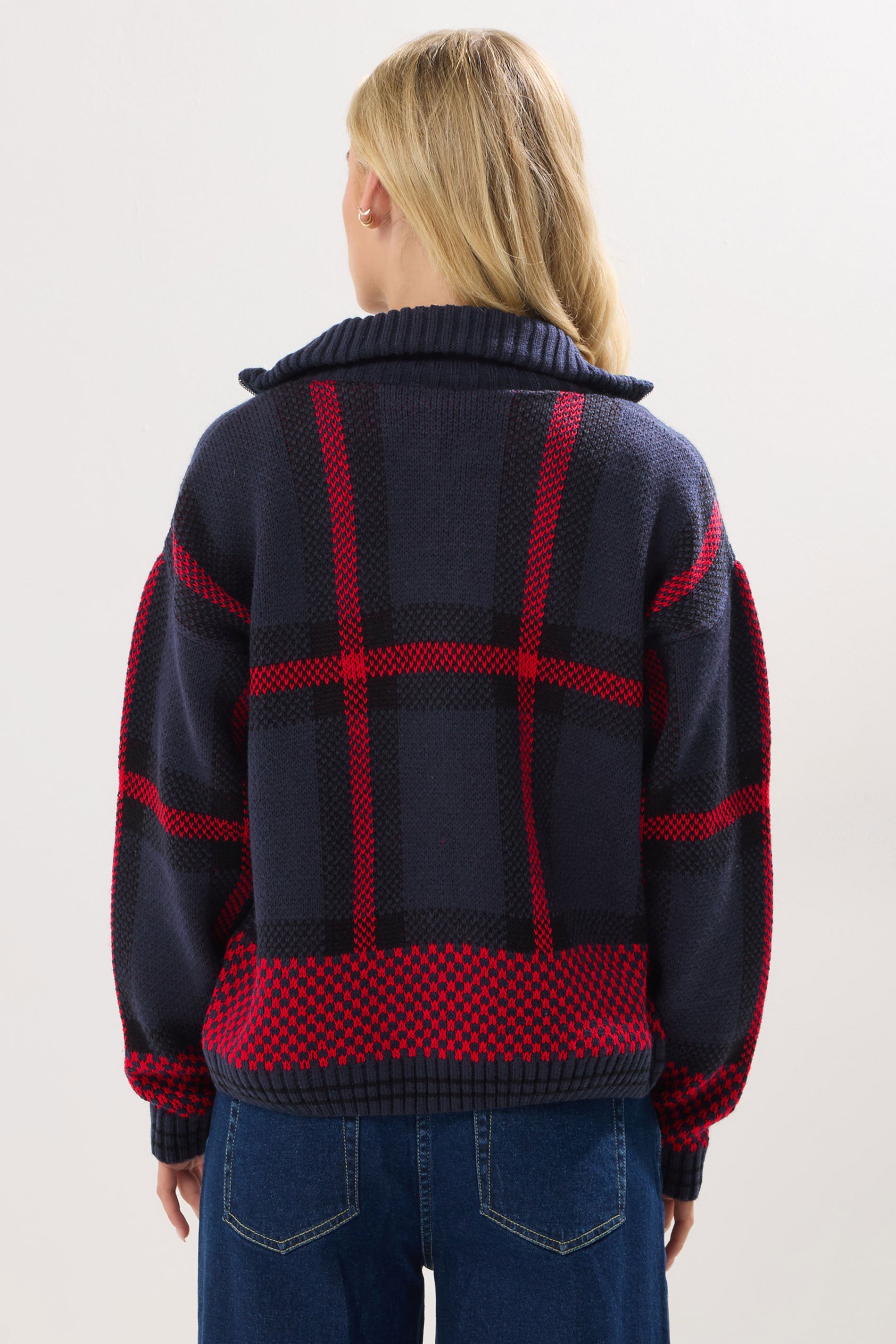 PixieGirl Petite Women's Blue & Red Knitted Check Zip Cardigan | PixieGirl 3