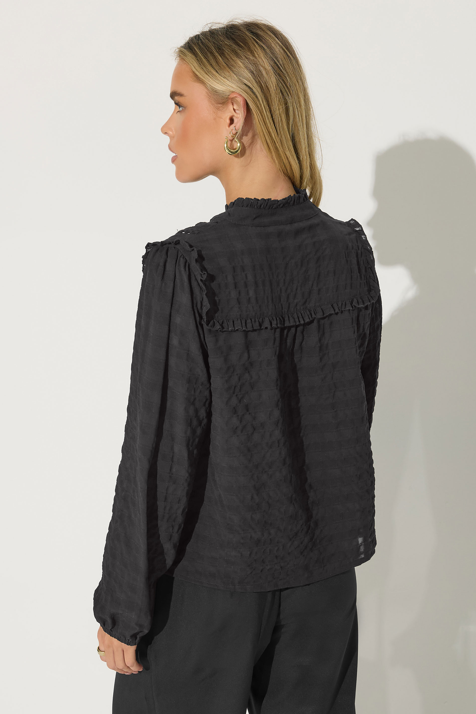 PixieGirl Petite Women's Black Crinkle Crochet Tie Neck Blouse | PixieGirl 4