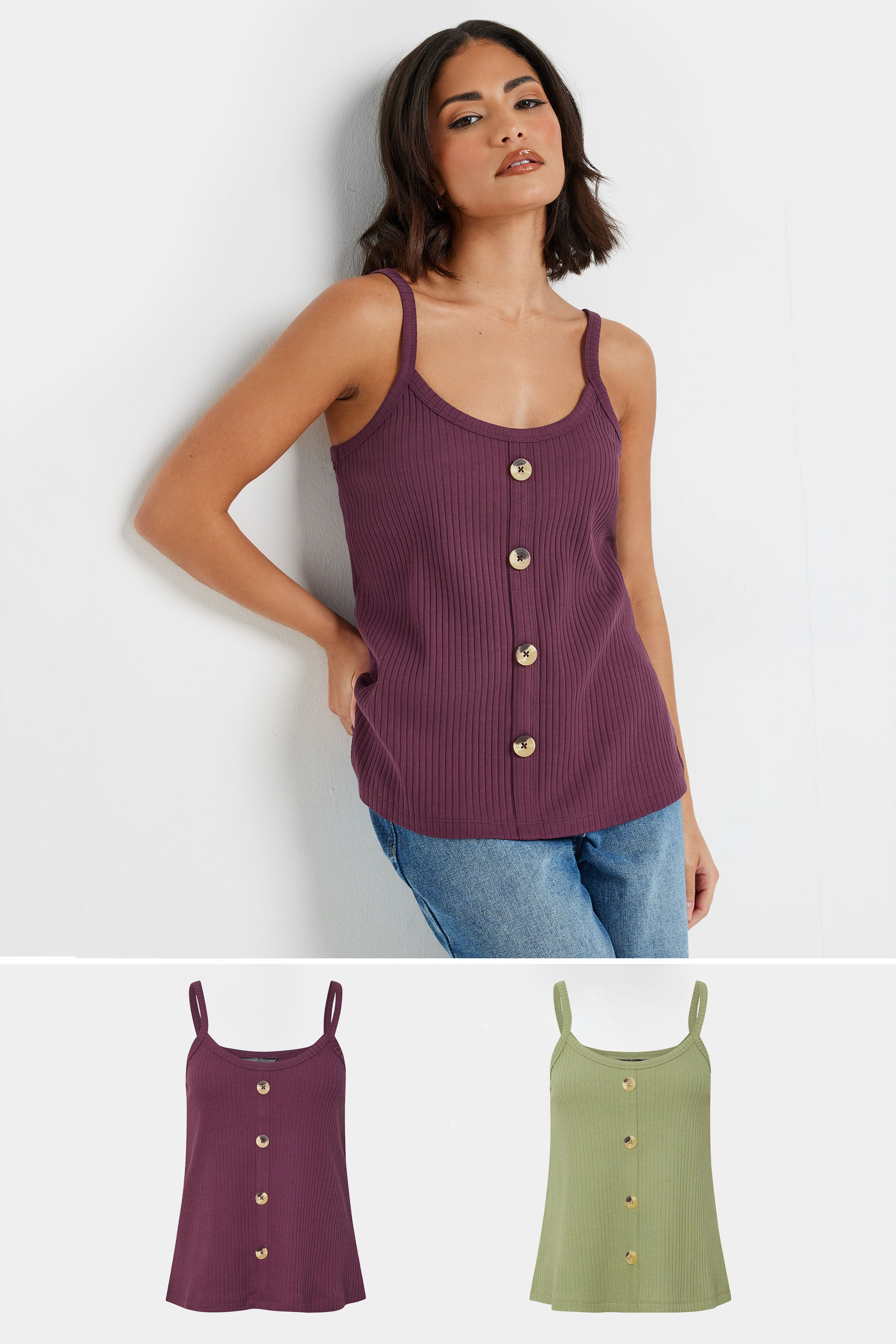 PixieGirl Petite Women's 2 PACK Sage Green & Purple Button Down Cami Tops | PixieGirl 1